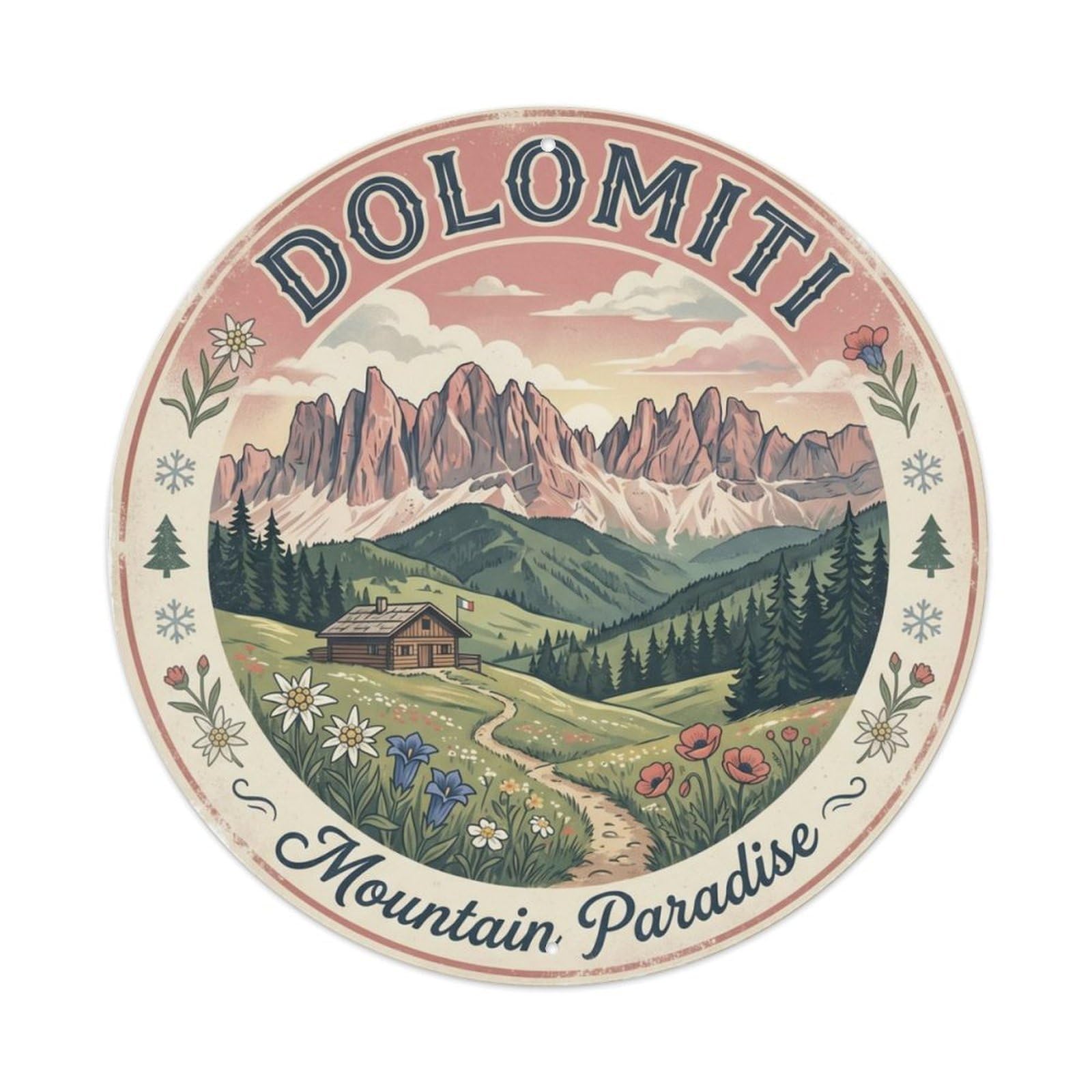 Vintage Travel Dolomites Italian Peaks Metal Tin Sign Plaque Wall Decor for Cafe, Club, Garden Round Metal Poster 8x8Inch
