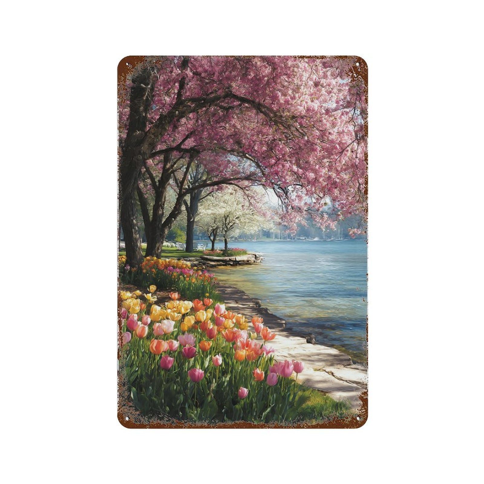 Cherry Blossom Lake Pathway Rust Effect Tin Sign 11.8"x7.9", Rustic Home Decor for Garage, Pub Or Kitchen