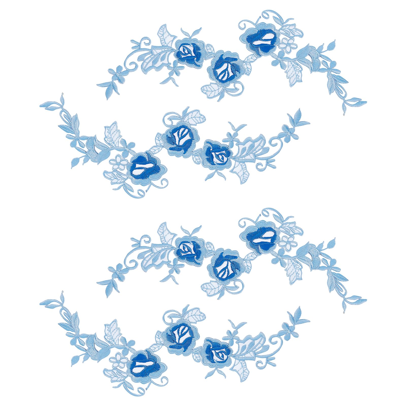 4pcs Embroidery Flower Iron on Patch, Blue Rose Embroidered Lace Flower Appliques, Floral Iron on Patches for Clothing Wedding Bride Evening Dress DIY Decoration