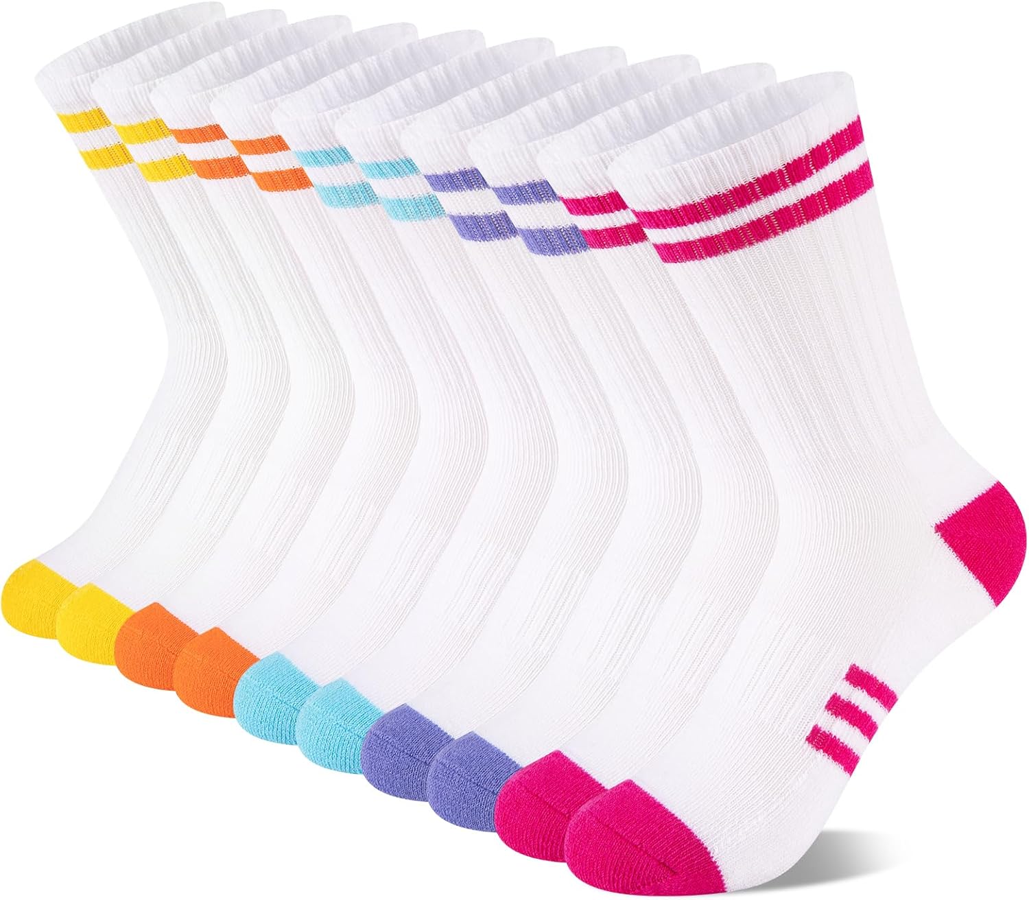 Comfoex 10 Pairs Girls Crew Long Athletic Socks for 4-6 6-8 8-10 Years Old Kids Calf Sports Cotton Socks Half Cushioned