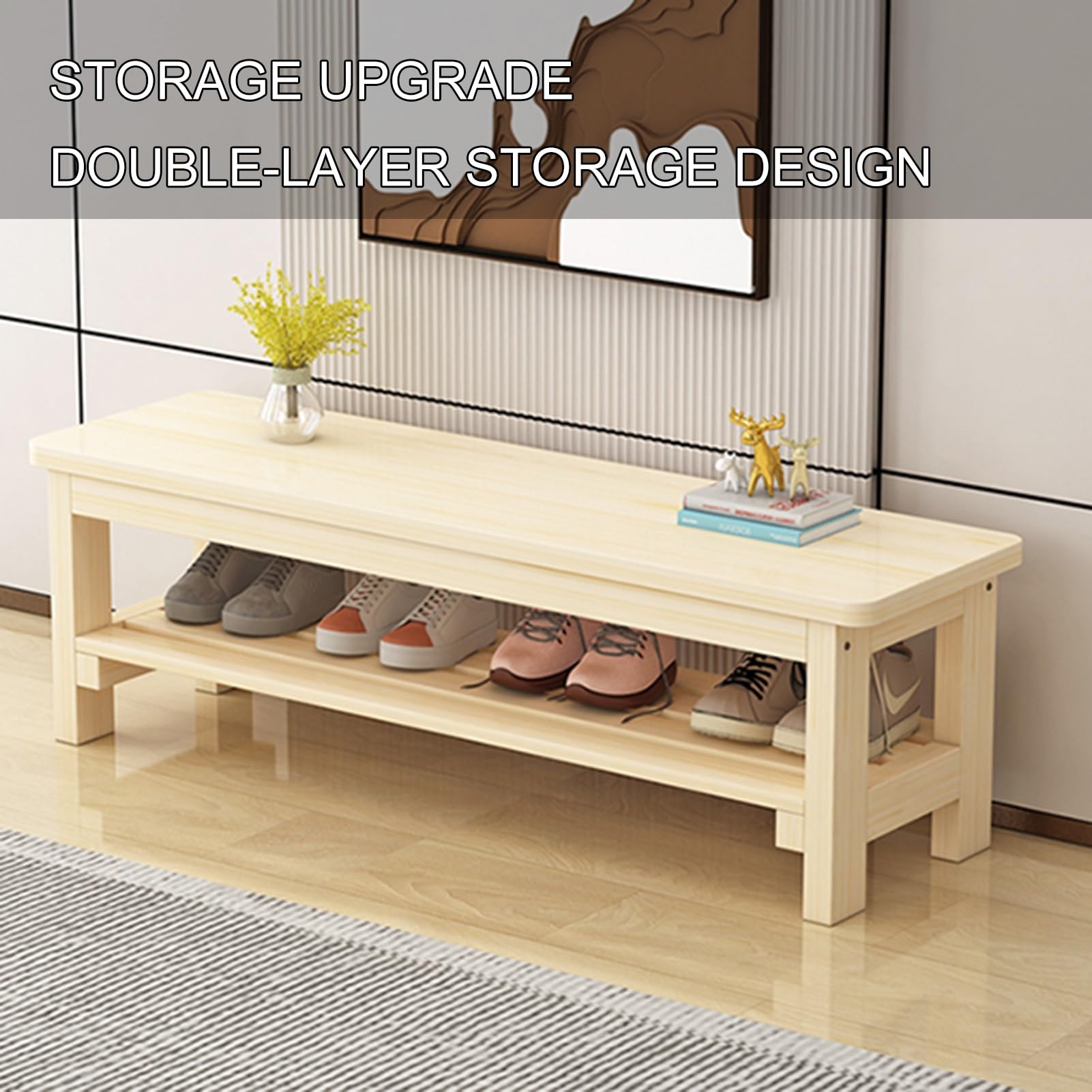 Solid Wood Shoe Bench Entryway Storage Seat with Shoe Rack Versatile Furniture for Bedroom Living Room Hallway Bathroom (60cm/23.6in)