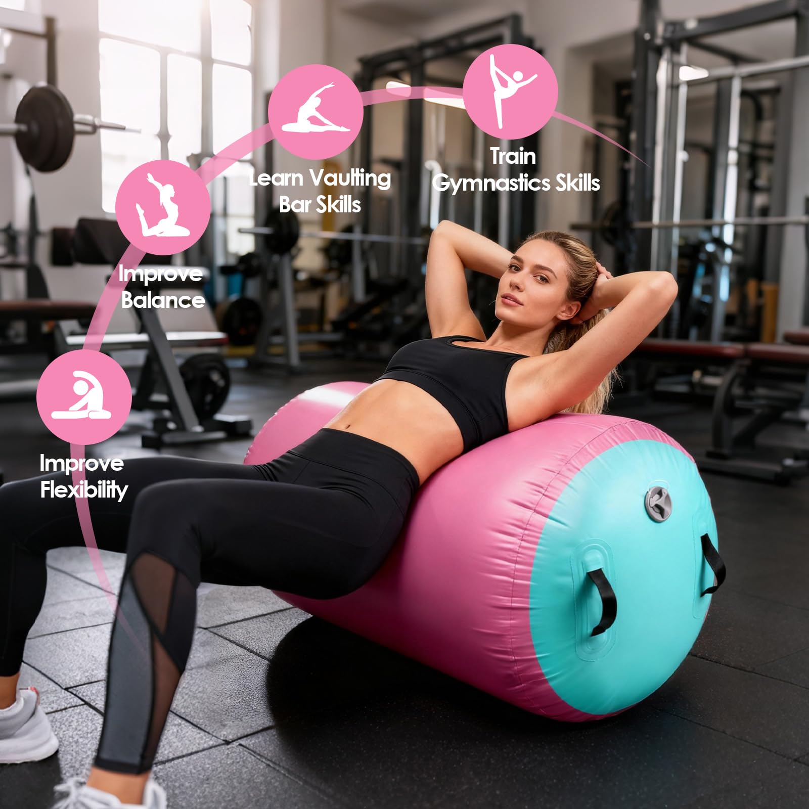 Diealles Shine Air Roll, 100x60cm Rullo ad Aria Gonfiabile Rotondo, Rotolo Gonfiabile con Pompa Elettrica e Borsa per il Trasporto, Air Barrel Gymnastics Roller per Allenamento Fitness Yoga