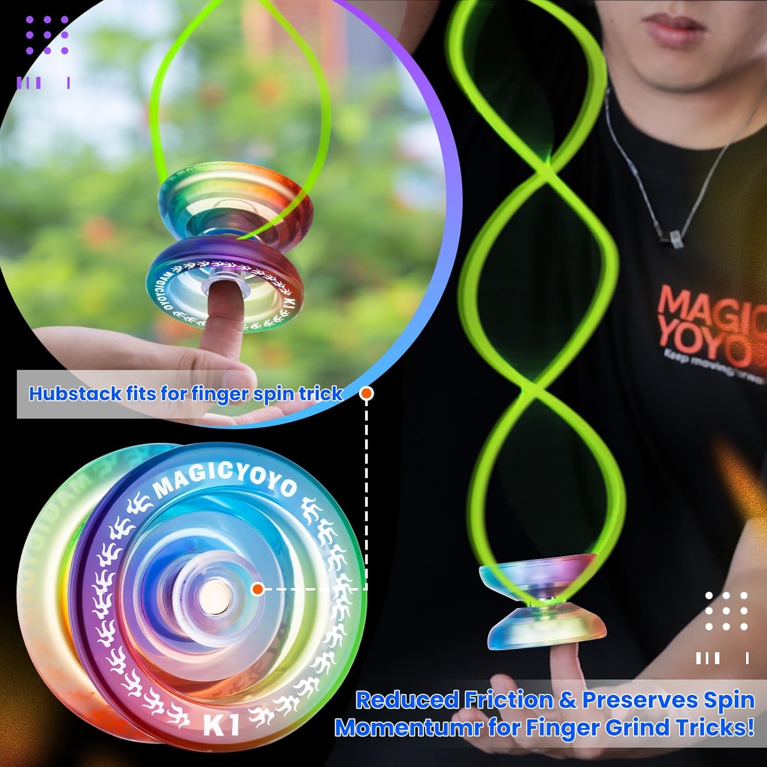 YOSTAR Jojo K1 Responsive para Niños - Yoyo Profesional de Cristal con Retorno Automático para Principiantes - Incluye 12 Cuerdas, Funda y Guante