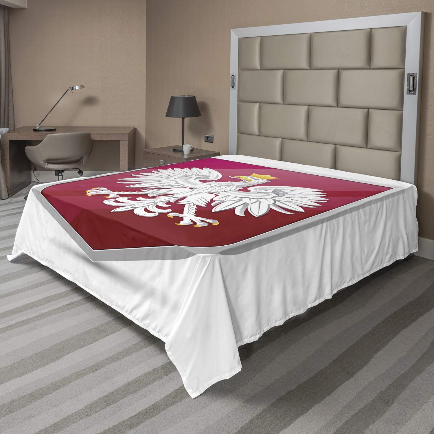 Ambesonne Polish Flat Sheet, Royal Illustration of Coat of Arms of Poland Emblem Crowned Eagle Print, Soft Comfortable Top Sheet Decorative Bedding 1 Piece, King Size, Ruby Hot Pink and White