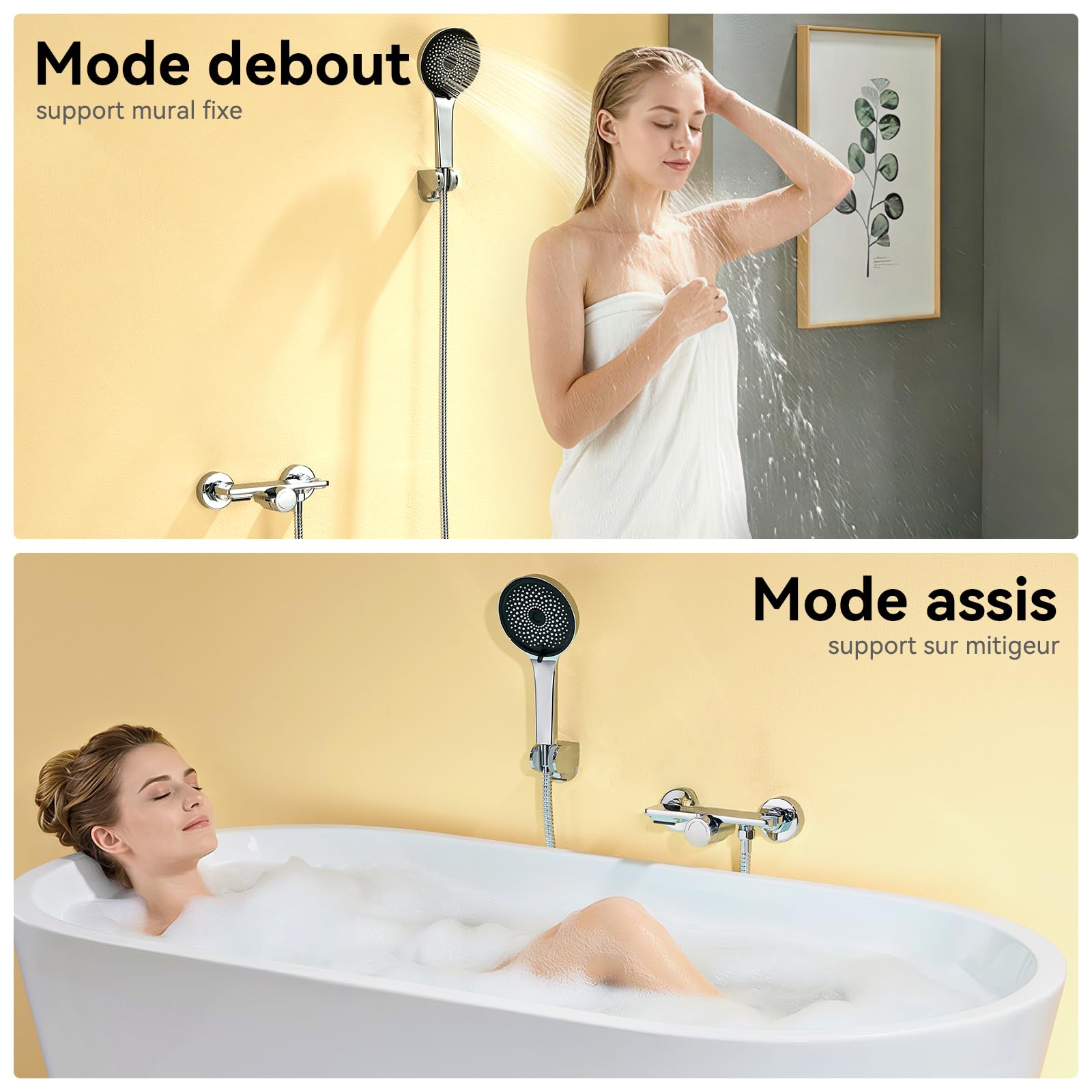 Auralum Mitigeur de Douche et Bain en Laiton Chrome - Robinet avec Bec Cascade Orientable, Douchette 5 Jets, Flexible Inox 1.5m et Tablette de Rangement Intégrée, Système de Douche de Rénovation