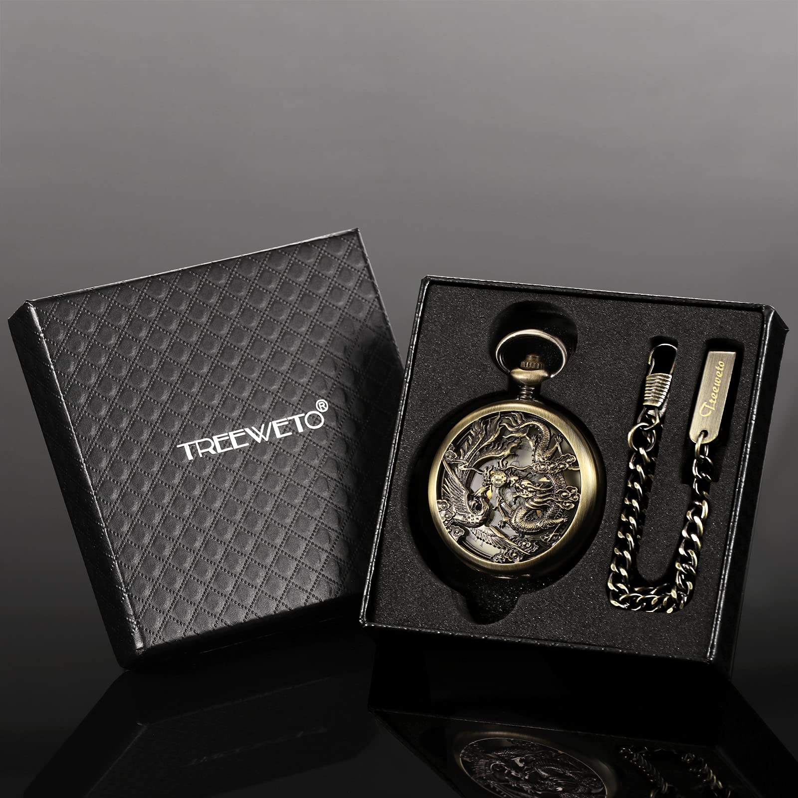 TREEWETO Hommes Femmes Mécanique Montre de Poche voeux Cadran Squelette avec chaîne pour Les Homme Papa