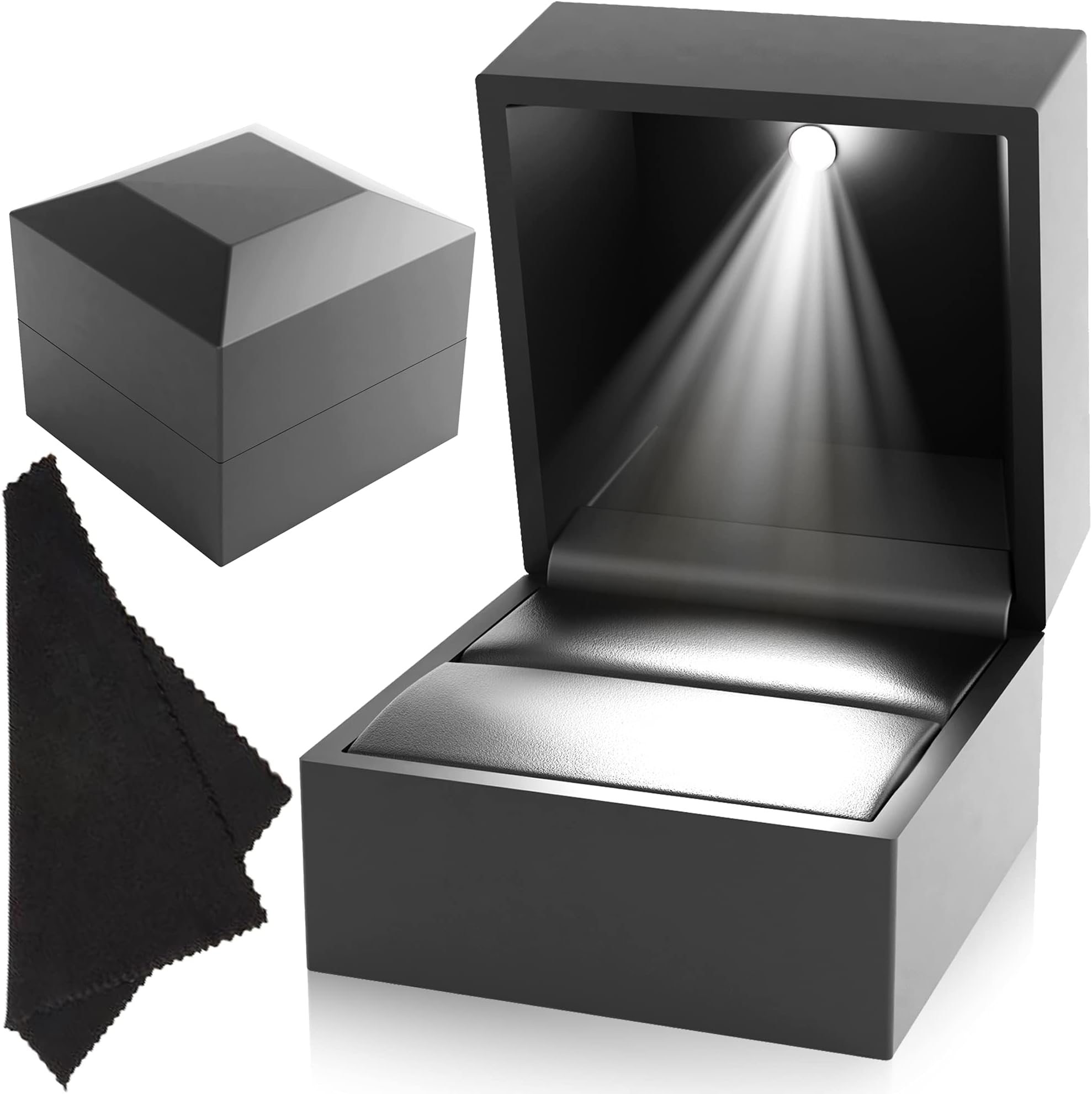 DANTE Luxury Engagement Ring Box With Light - Plush Velvet Wedding Case - Automatic LED Light Up Box - Premium Black - Ideal for Proposal, Anniversary