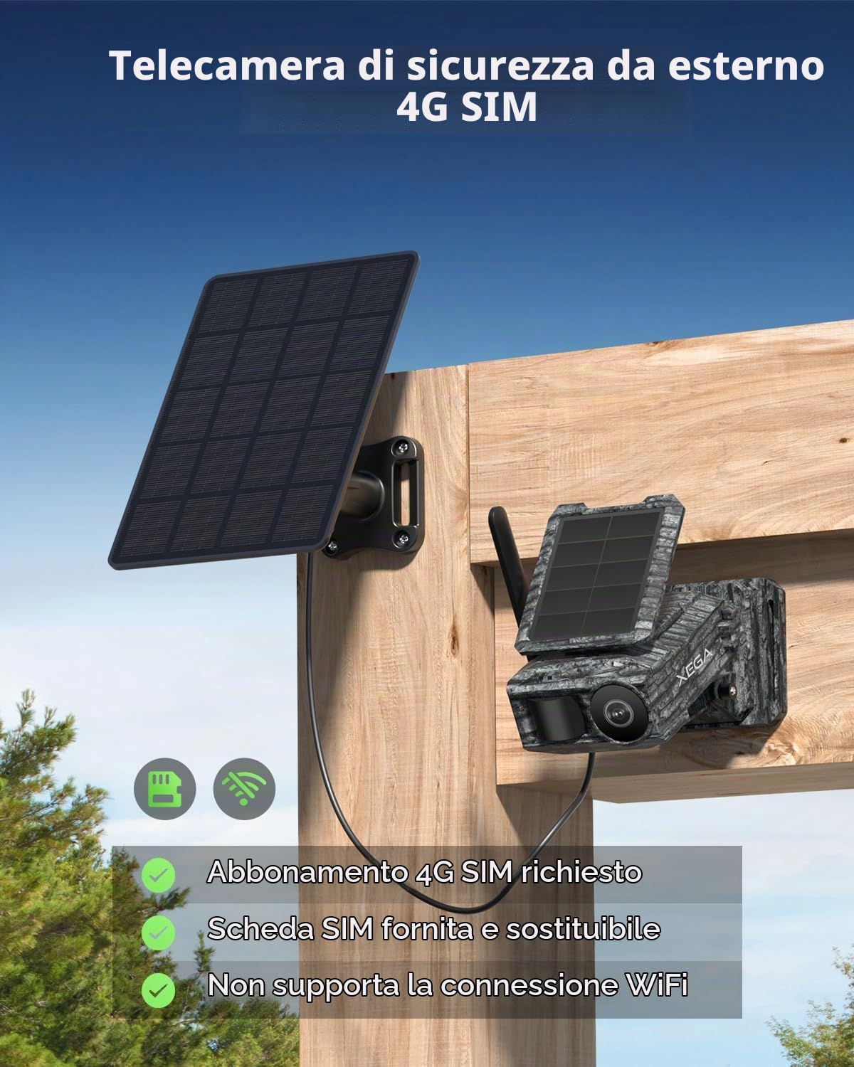 Xega 2K Telecamera Solare 4G con Scheda SIM 2 Pannelli Solari,senza WiFi