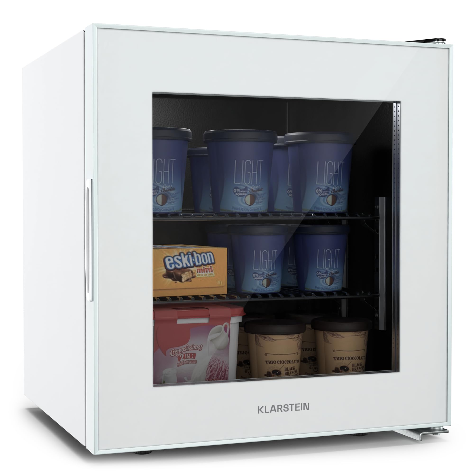 KLARSTEIN IceAge 36 - Piccolo Congelatore, 36L, Mini Freezer con Temperatura Regolabile da 0 a -18°C, Porta in Vetro, LED Interni, 2 Ripiani, Compatto & Efficiente, Freezer per Spazi Ridotti, Bianco