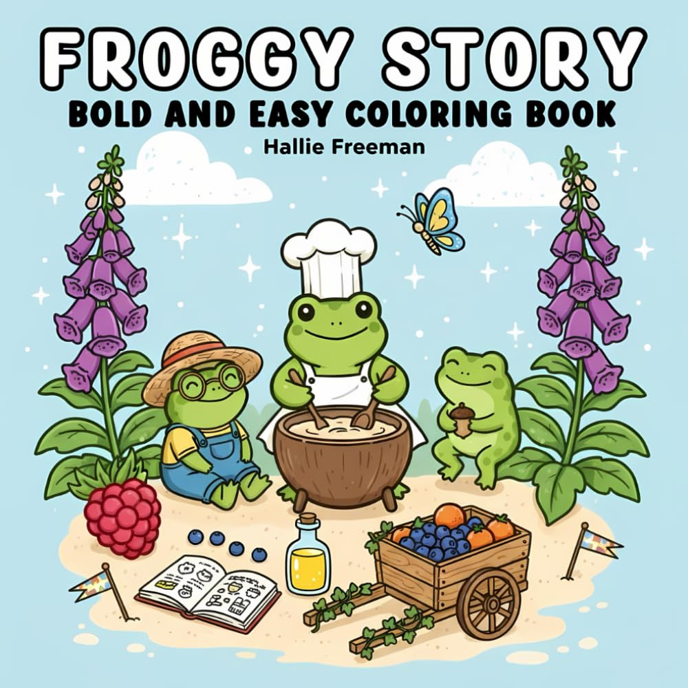 Froggy Story Picnic Adventures: A Bold & Easy Coloring Book: Cute frog stories and cozy nature scenes with thick lines for relaxing coloring fun for kids, teens, and adults