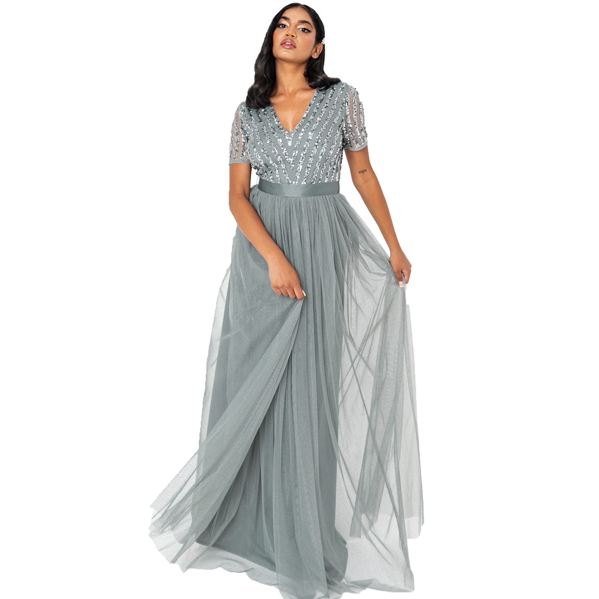 Damen Ballkleid Abendkleid V-Ausschnitt Maxi Länge Pailletten Kurze Ärmel für Hochzeit Geburtstag Brautjungfer