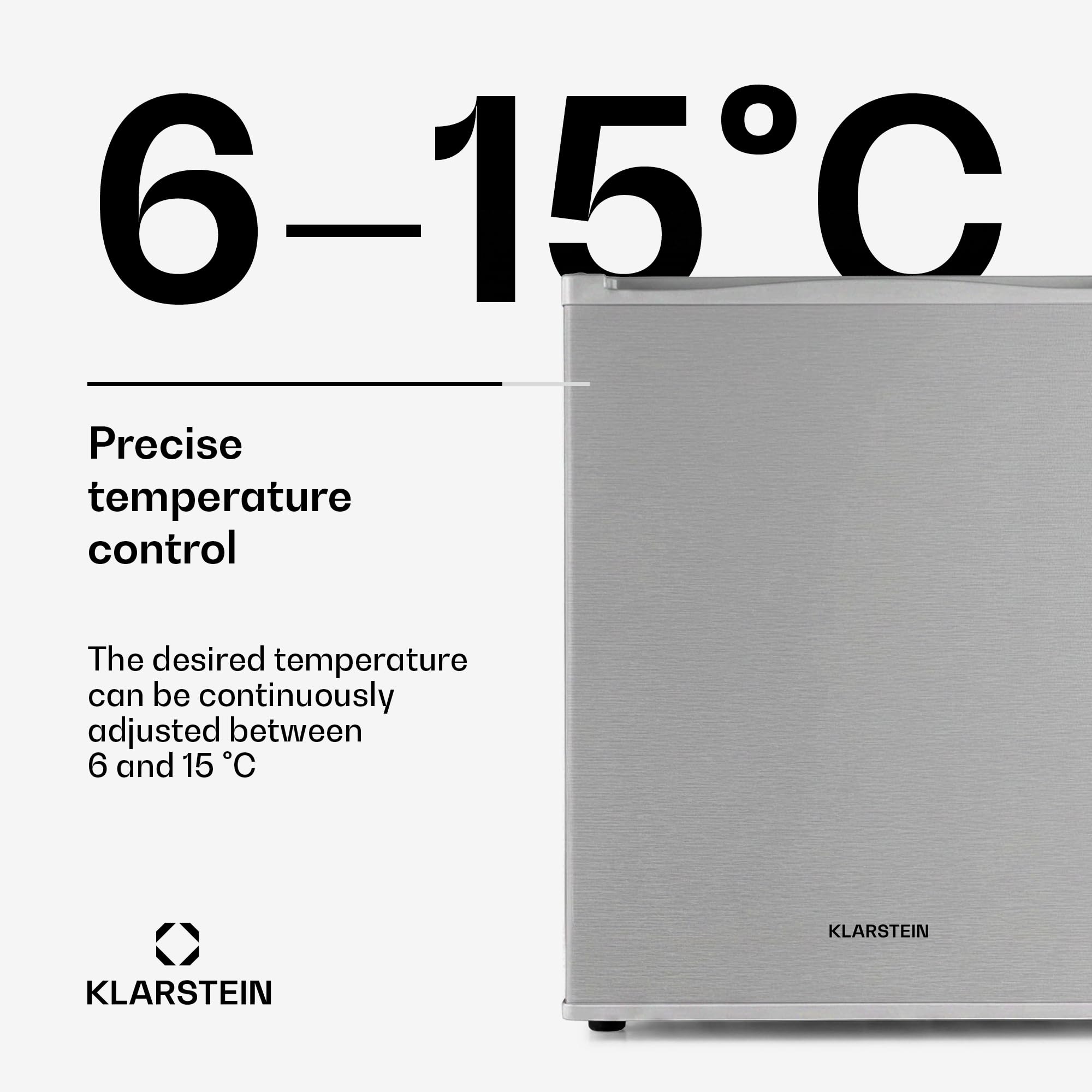 Klarstein Happy Hour - minibar, mini lodówka, lodówka na napoje, kompresor, temperatura chłodzenia: 5-15 °C, cichy: 0 dB, oświetlenie LED, 37 litrów, srebrny