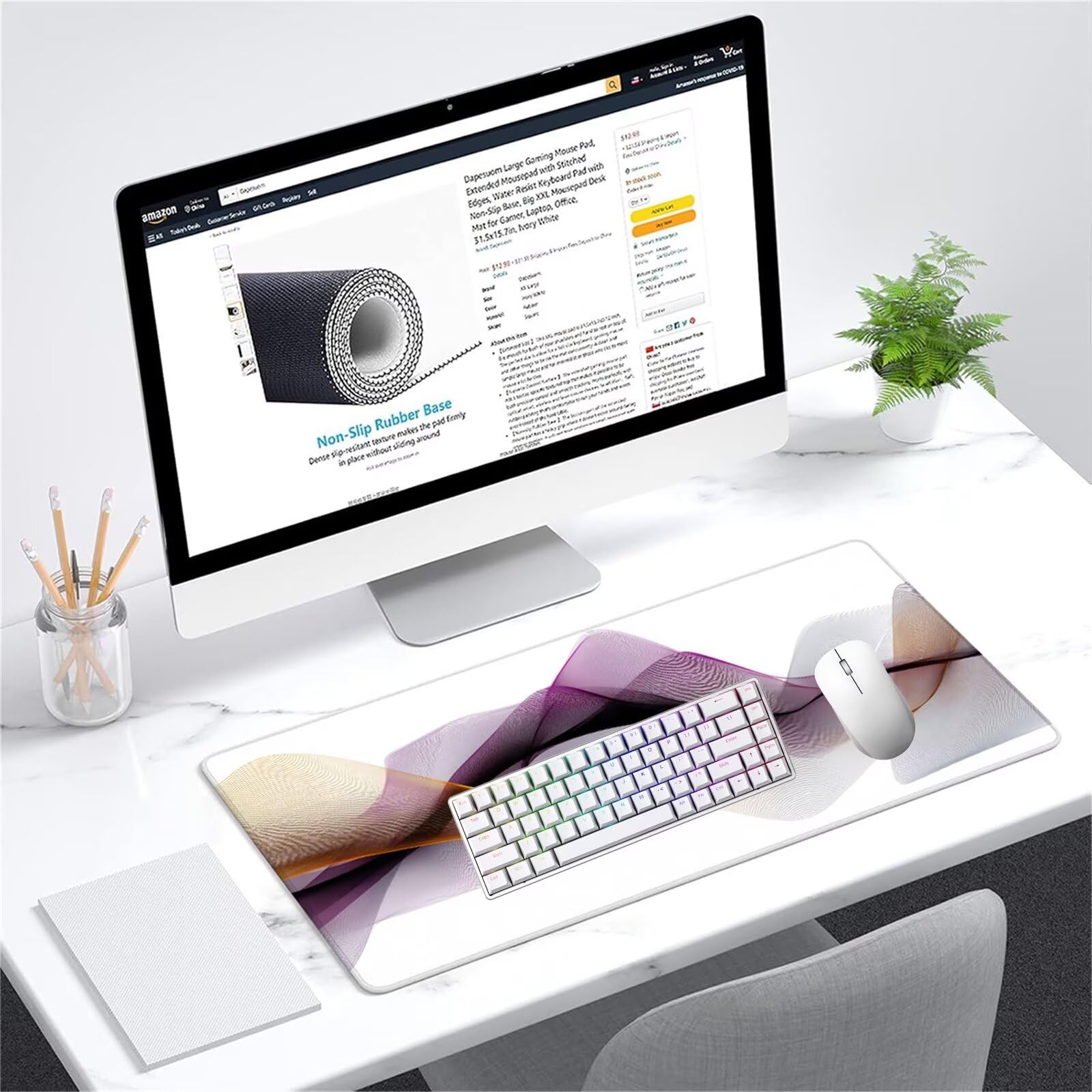 Tappetino Mouse Gaming Bianco Tappetino Mouse XXL 1500x800x3mm Sottomano Scrivania Grande Sciarpa Di Seta Bordi Cuciti, Confortevole e Resistente, Resistente ai Liquidi, Mousepad per Ufficio K7-968