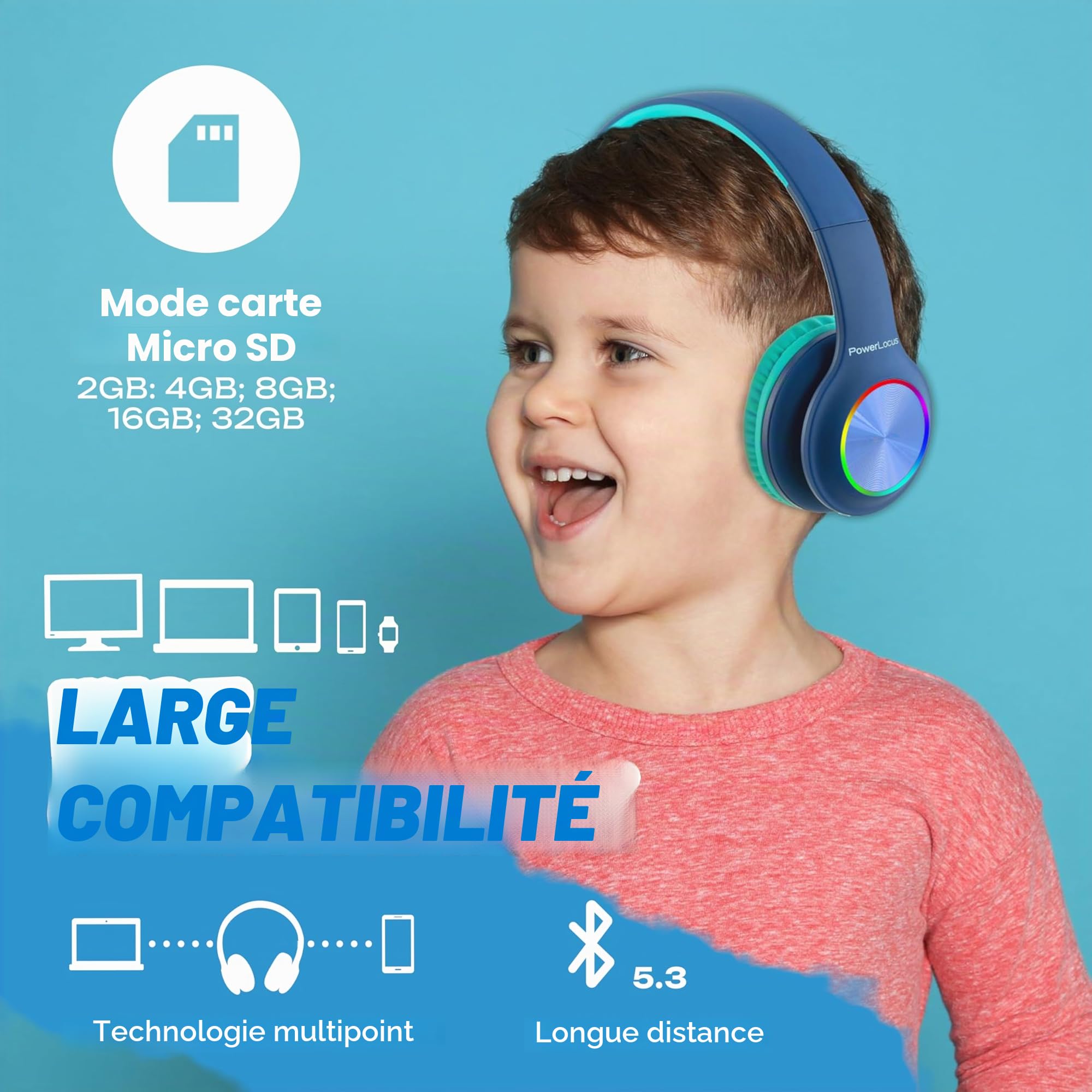 PowerLocus Casque Bluetooth Pliable sans Fil pour Enfant avec Lumières LED, HD Stéréo, USB-C Recharge Rapide, Micro intégré, SD Mode et Filaire pour iPhone/Tablettes/TV