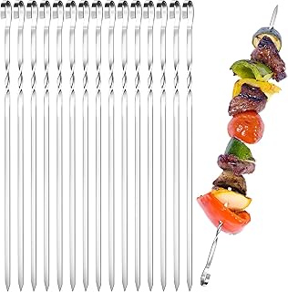 TEICHI 15 PCS Stainless Steel BBQ Kebab Skewers, Reusable as Dishwashable Barbecue Skewers Cocktail Sticks, Flat Skewer Sticks for BBQ, Cocktail, Kebabs Burger 38cm, Silver