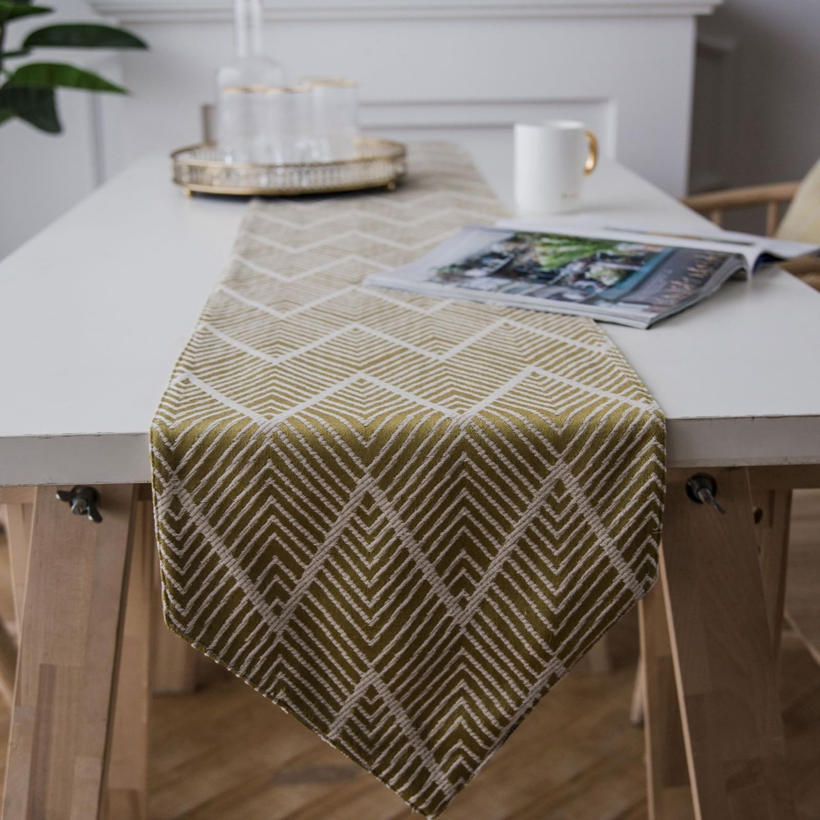 Runner da Tavolo Poliestere Cotone 33x240 cm, Runner da Tavola Moderno Lavabile Motivo A Onde Righe Jacquard con Nappe Decorazioni per Sala da Pranzo Feste, Giallo