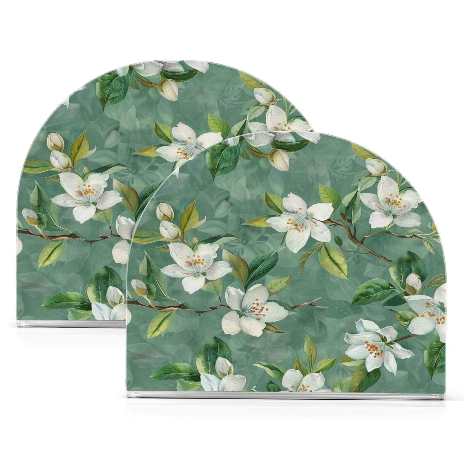 White Magnolia Flowers on Green Napkin Holder for Tables Paper Cocktail Napkin Holders for Kitchen and Dinning, Acrylic Dinner Napkin Dispenser for Restaurant Home Decor Bar Accessories 1 Pack
