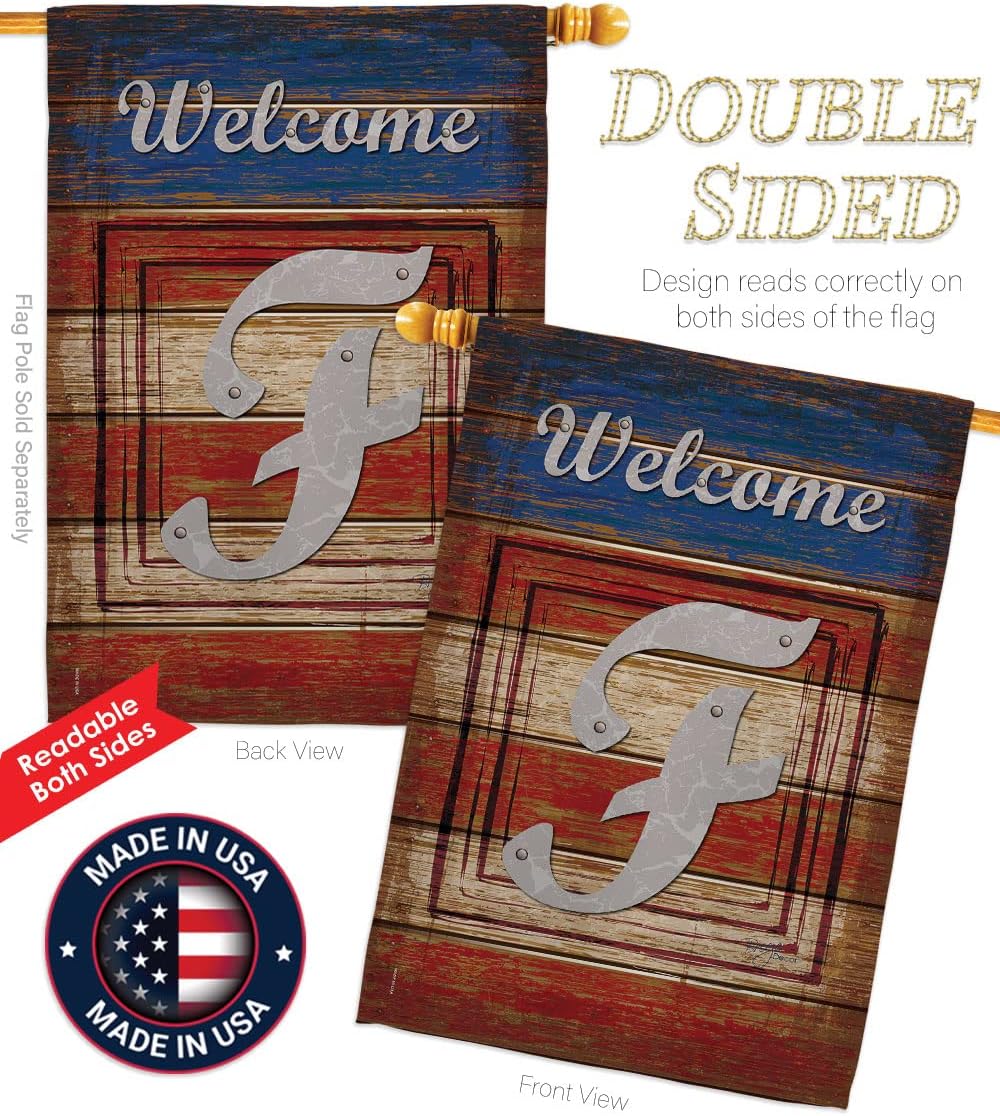 Breeze Decor - Patriotic F Initial Americana - Everyday Patriotic Impressions Decorative Vertical House Flag 28" x 40" Printed In USA
