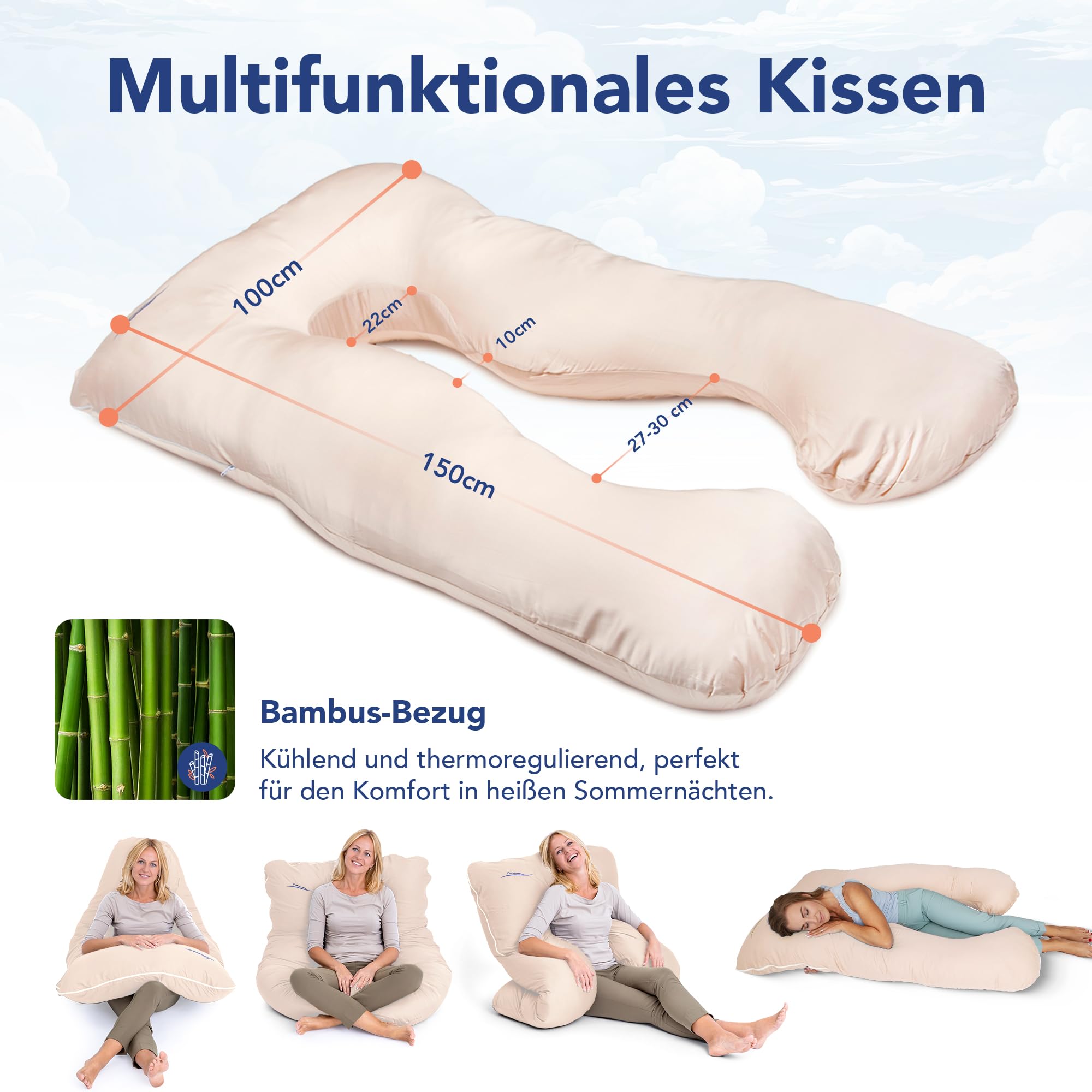 MKS poduszka do spania na boku z poszewką | poduszka komfortowa (100 x 150 cm) | poduszka do spania | poduszka do spania w kształcie litery U | Ergonomiczna, wysokiej jakości, chłodząca poduszka do