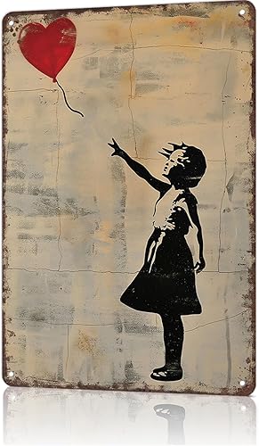 Banksy Girl - Cartel de metal con diseño vintage de paisaje de ciudad, letrero de lata de viaje retro para hombre, cueva, bar, garaje, habitación,