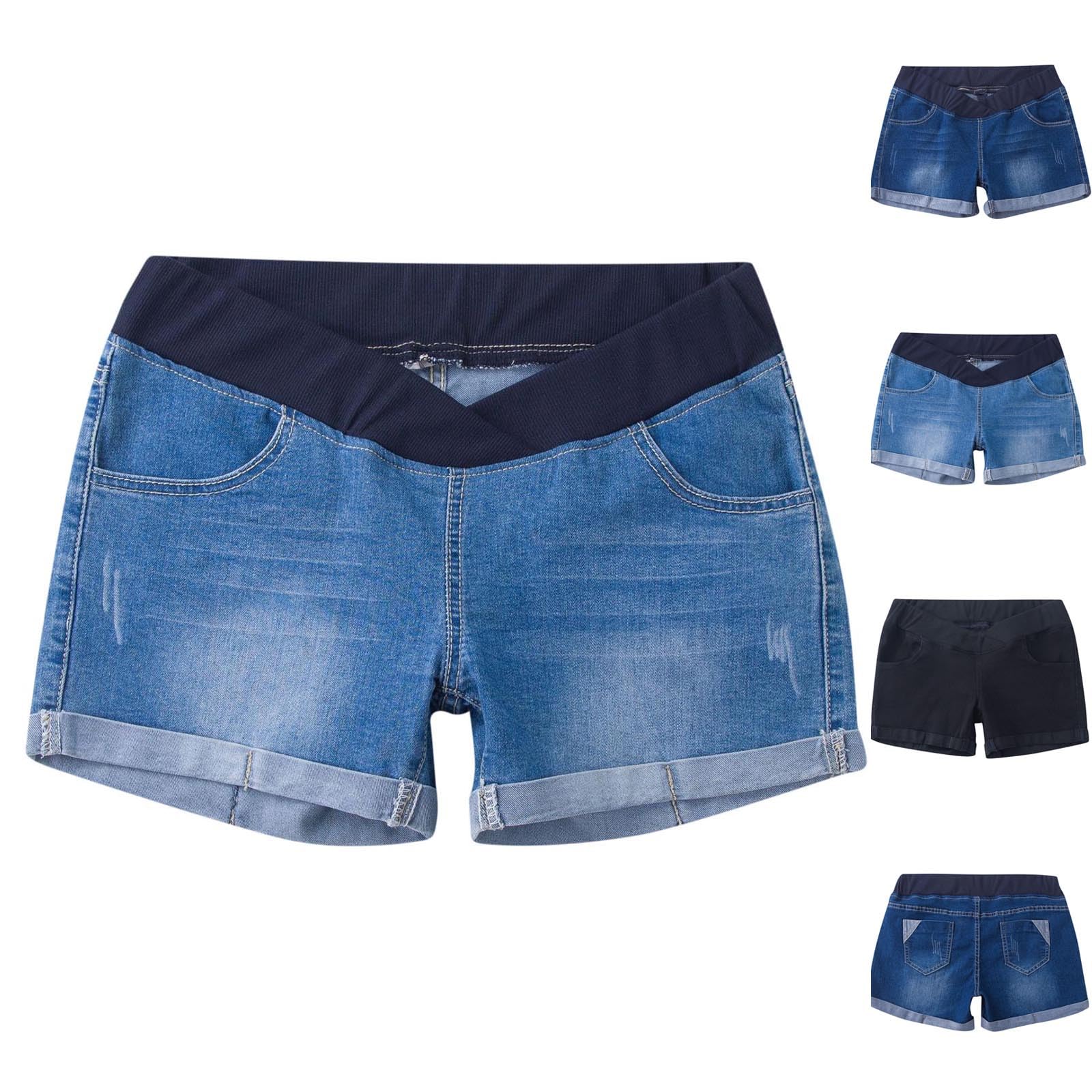 Jeans Shorts für Schwangere Mittlere Taille Bauchstütze Umstandsmode Schwangerschaft Denim Freizeithose Distressed Crimpen Umstandsshorts Stretch Weich Kurz Umstandshose Weites Große Größen