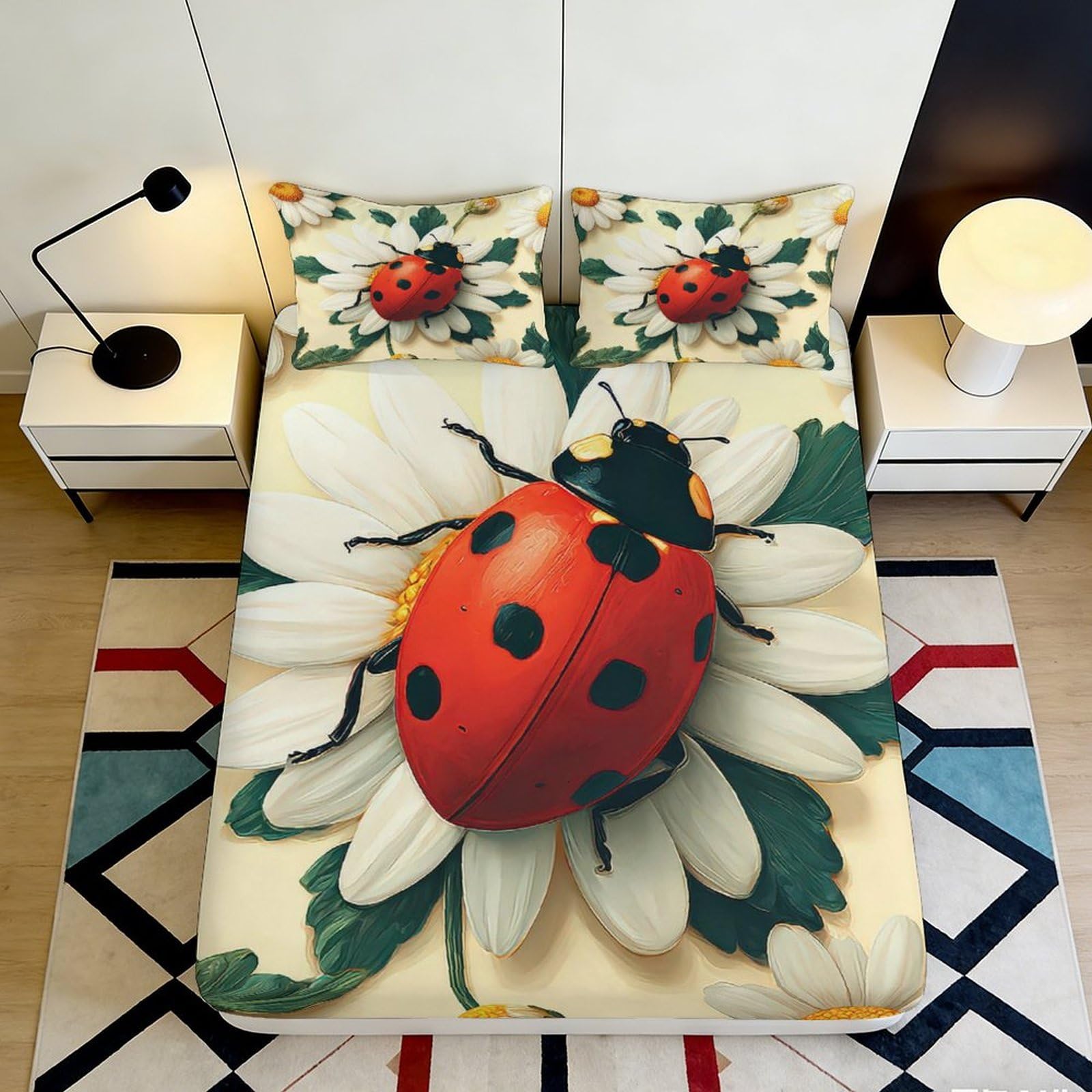 3D Printed Ladybug Daisy Fitted Sheet Microfiber Soft Non-Slip Bed Cover for Bedroom Guest Room Decor 90x200x25cm