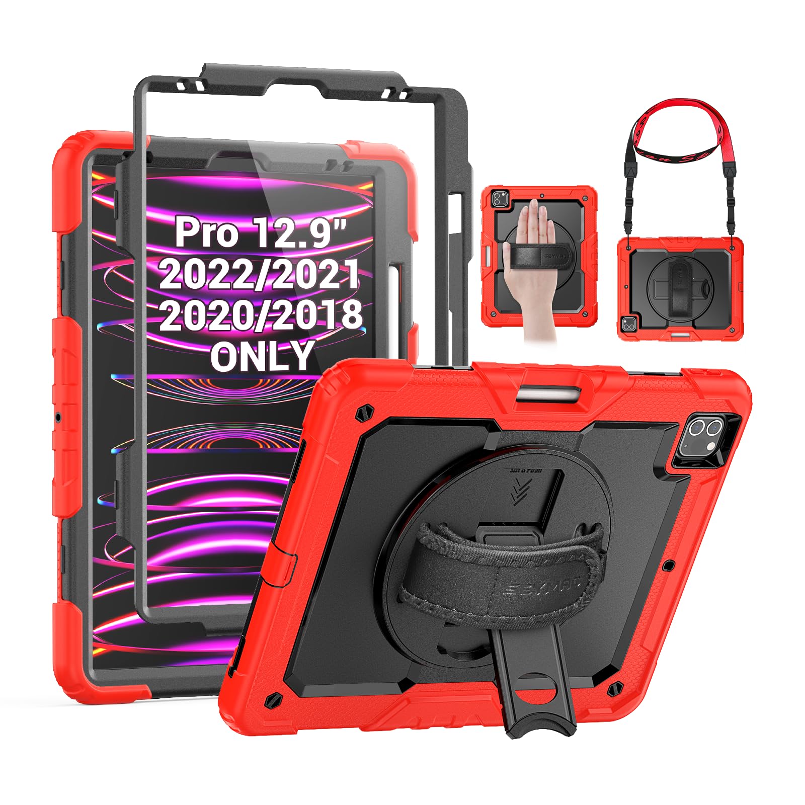SEYMAC Case for iPad Pro 12.9 2022/2021/ 2020/2018, Heavy Duty Protection Shockproof Case with Screen Protector, 360° Rotating Stand/Handle/Shoulder