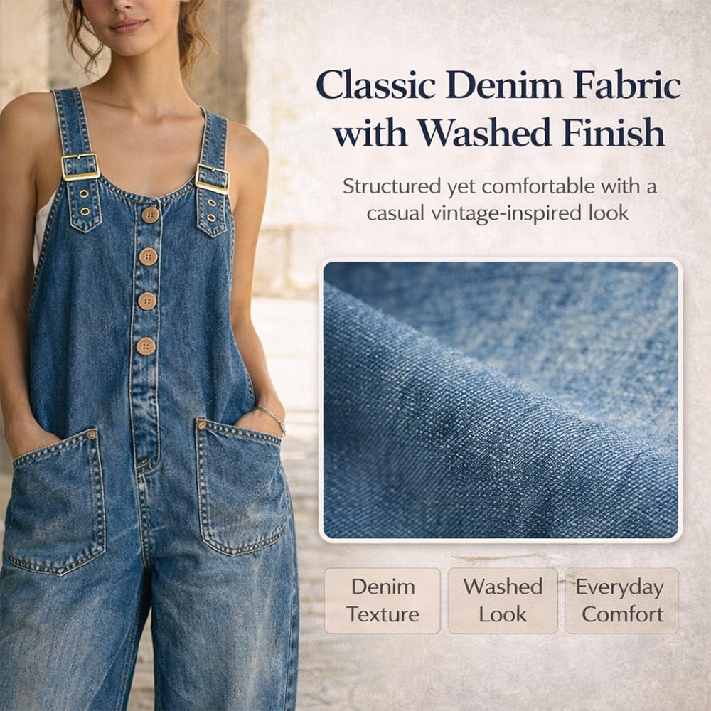 Women’s Vintage Loose Fit Denim Bib Overalls Button Front Wide Leg Jean Jumpsuit Casual Y2K Sleeveless Romper Pants