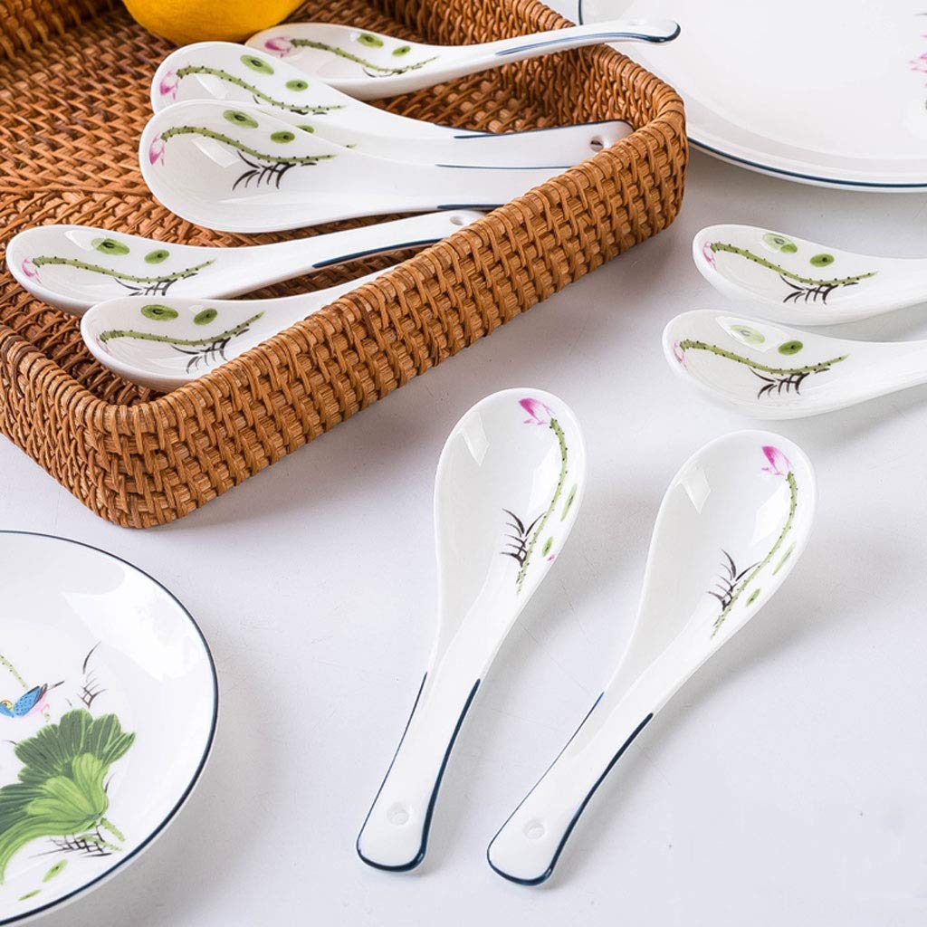 cucharas de Sopa Hueso China Cerámica Cerámica Hogar Pequeño Sopa Cuchara 10 Piezas Pintado a Mano Lotus Porcelana Sopa Cuchara Longitud 5.3 Pulgadas Cuchara para Servir de Cocina