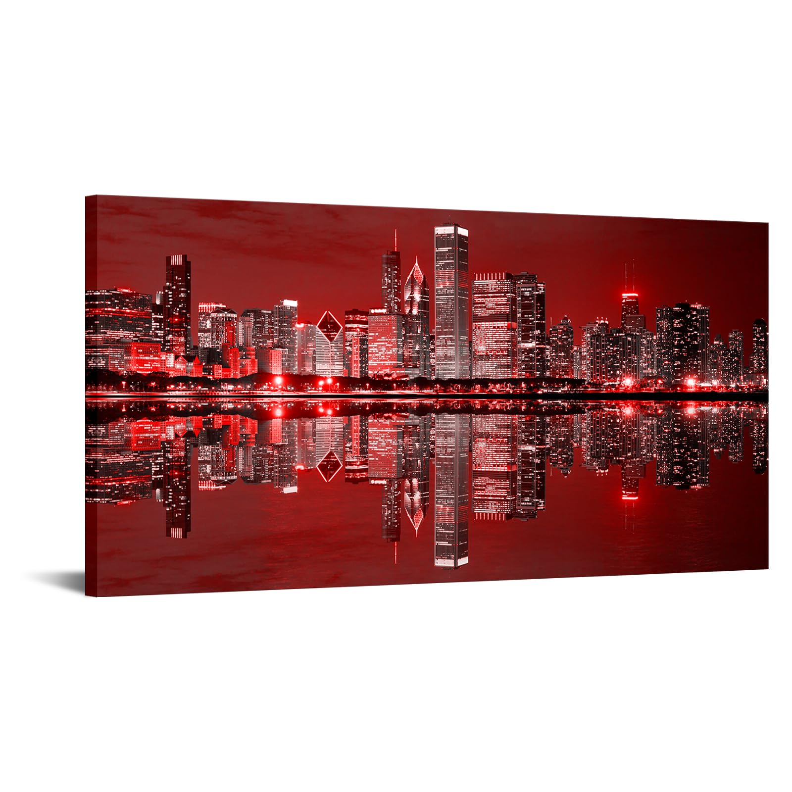LevvArts Chicago Canvas Wall Art Chicago Downtown at Night Picture Print on Canvas Red Cityscape Artwork for Home Office Living Room Decoration