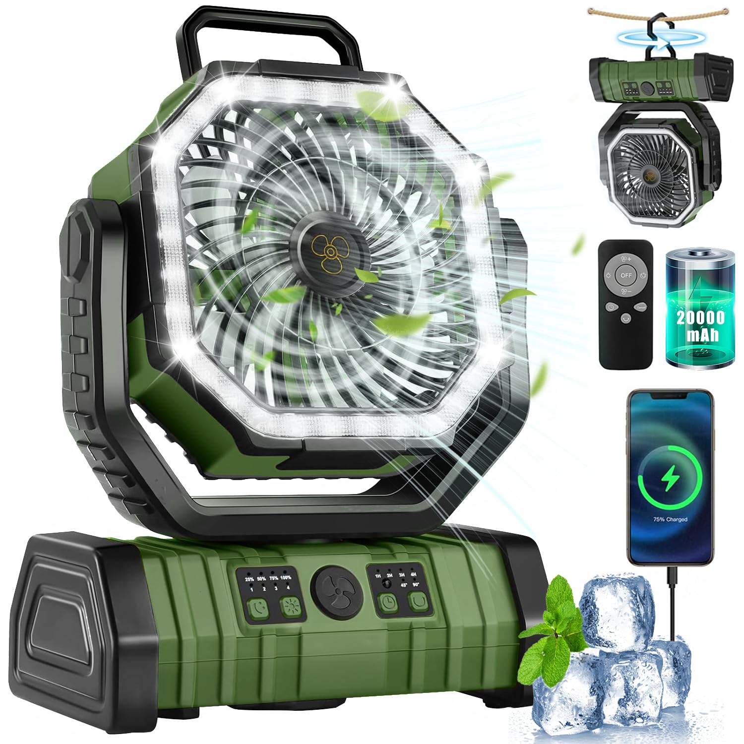 Ventilador de camping recargable, F6 20000 mAh, ventilador portátil para exteriores con linterna LED, funciona con pilas inalámbricas, gancho colgante de 360°, ventilador de escritorio de 4