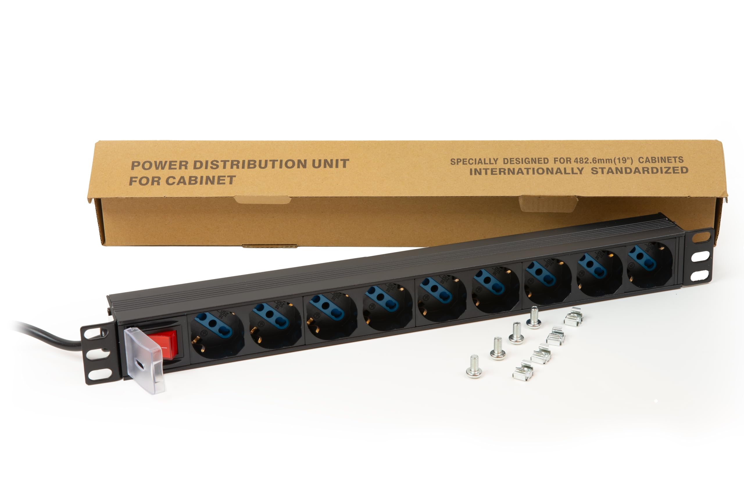 Link multipresa da rack 19" LK10053 con 9 prese universali con interruttore, spina ita. 16A sez. cavo 1,5mm lunghezza 1,75m metallo capacità 3,5KW dimensioni 48,5x4,5x4,5. Alette reversibili.