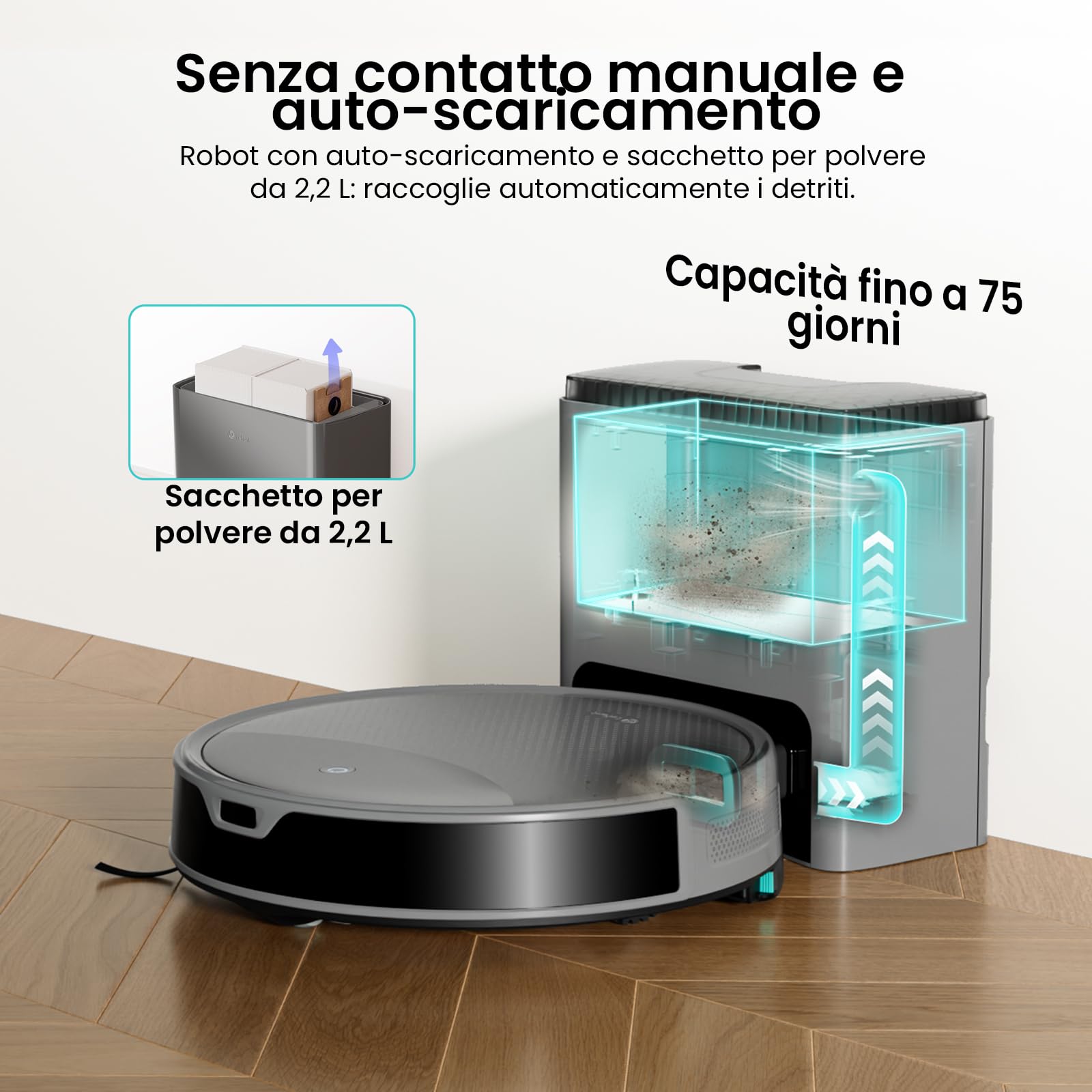 LEFANT M350 Robot Aspirapolvere Lavapavimenti con Mappatura Laser ToF, Corpo Ultra Sottile 7.9cm, 6000Pa, Svuotamento Automatico 75 Giorni, Ideale per Appartamenti, Grigio