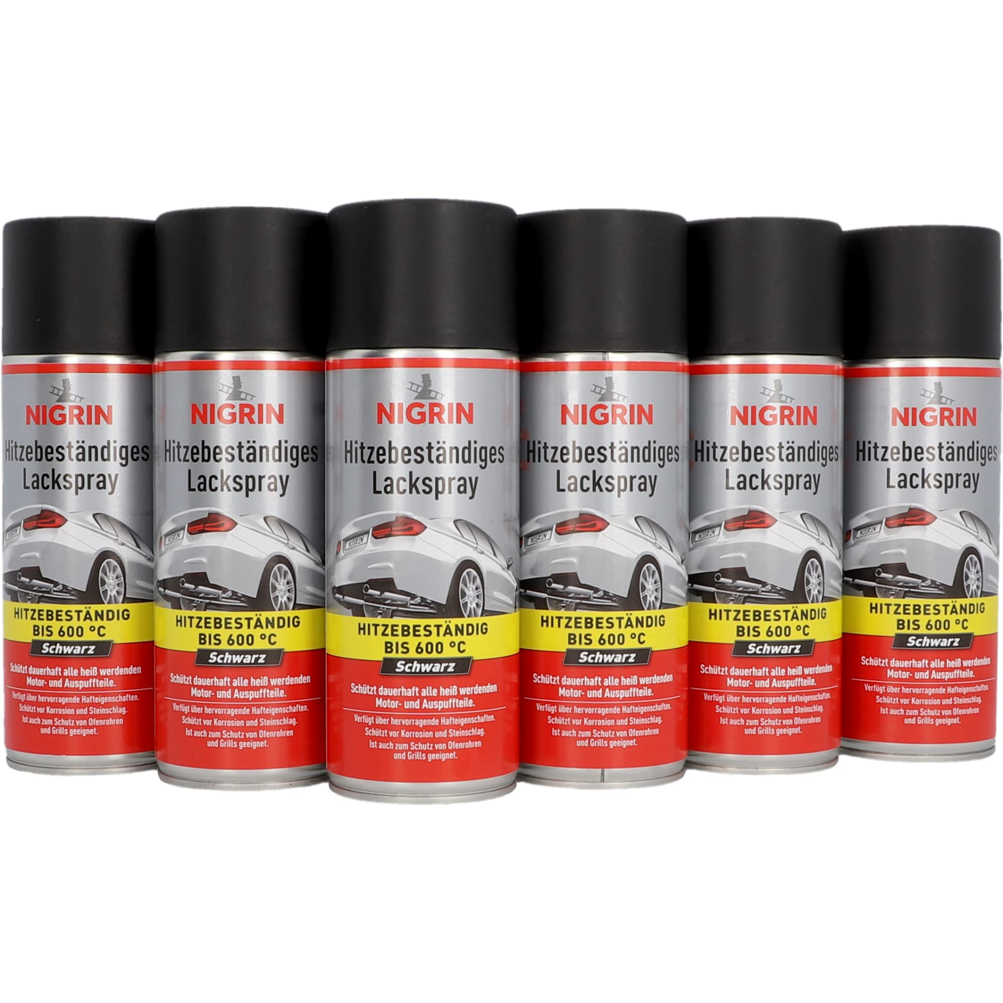 NIGRIN Lackspray, 6 x 400 ml, mattschwarzer Autolack, hitzebeständig, schützt Motor und Auspuff vor Rost, schnell trocknend