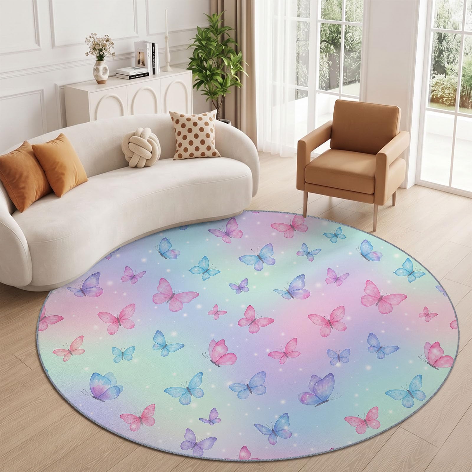 Générique Tapis Rond 120 cm Lavable Machine, Moquette Antidérapante Poil Bas Style Insecte Arc-en-Ciel, Motif Papillon Ombré Arc-en-Ciel Moderne Doux pour Chambre De Fille, Multicolore