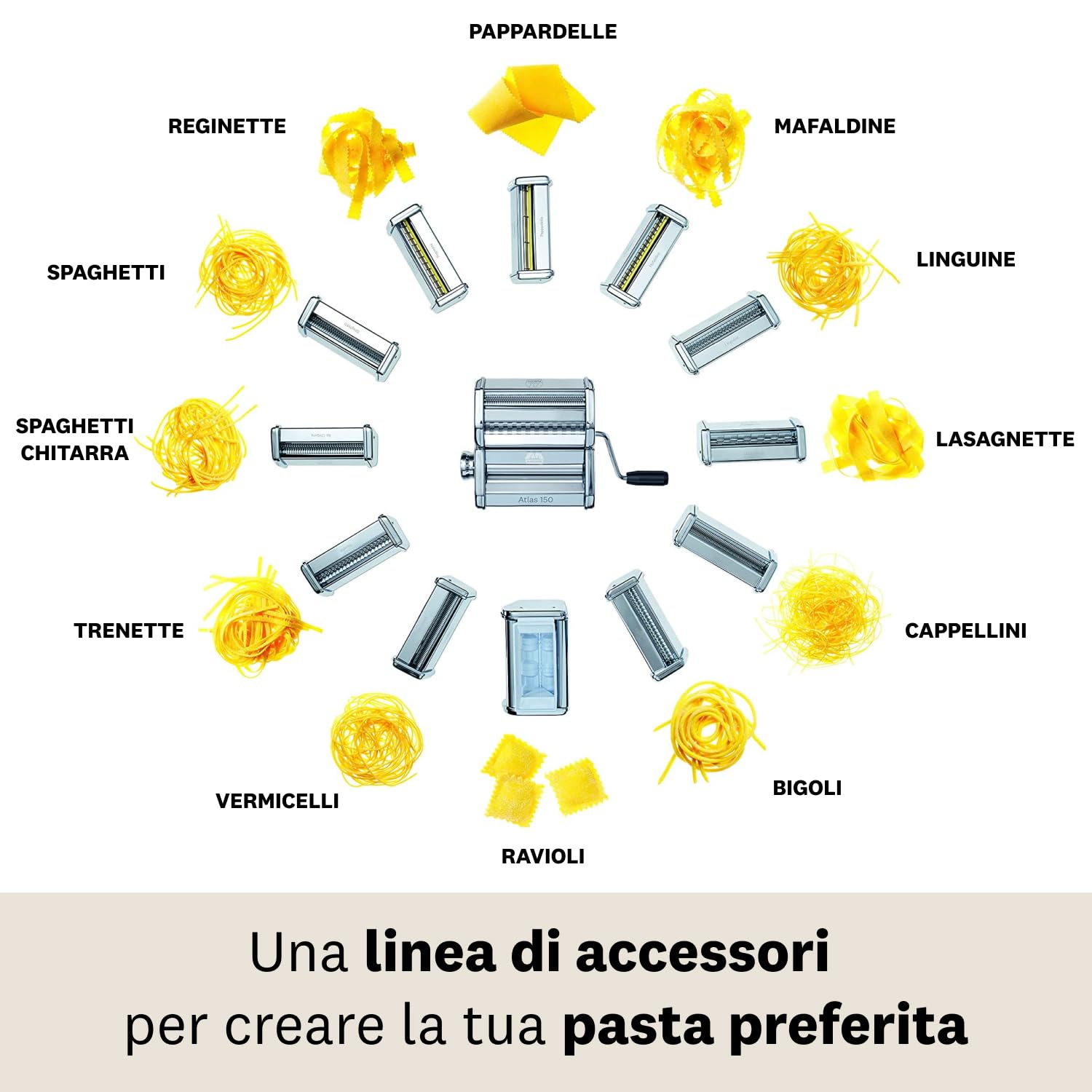 Marcato Atlas 150 Macchina per la Pasta + Accessorio Reginette e Trenette, Pasta Maker, Tirapasta in Acciaio Cromato, 10 Spessori, Compatibile con Motore e Accessori Extra, Made in Italy