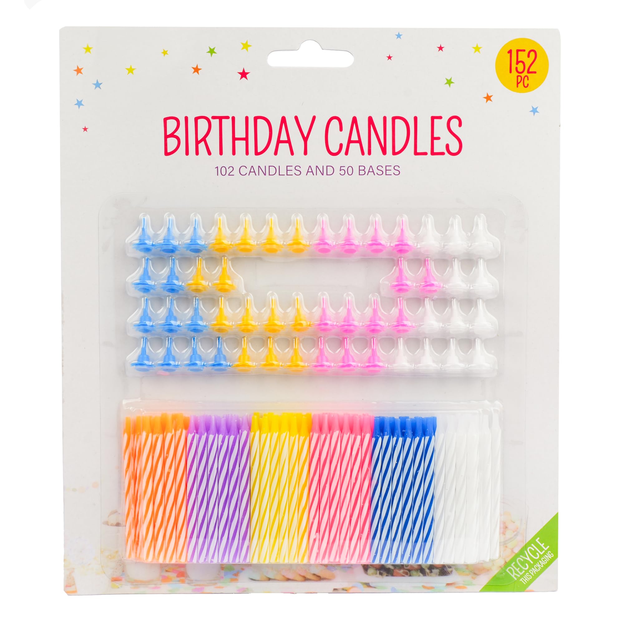 152pcs Decorative Birthday Cake Celebration Candles Set with Easy to Use Holders, Angel Flames, Assorted Striped Spiral Multi Coloured Birthday Party Candles, 102 Candles and 50 Bases