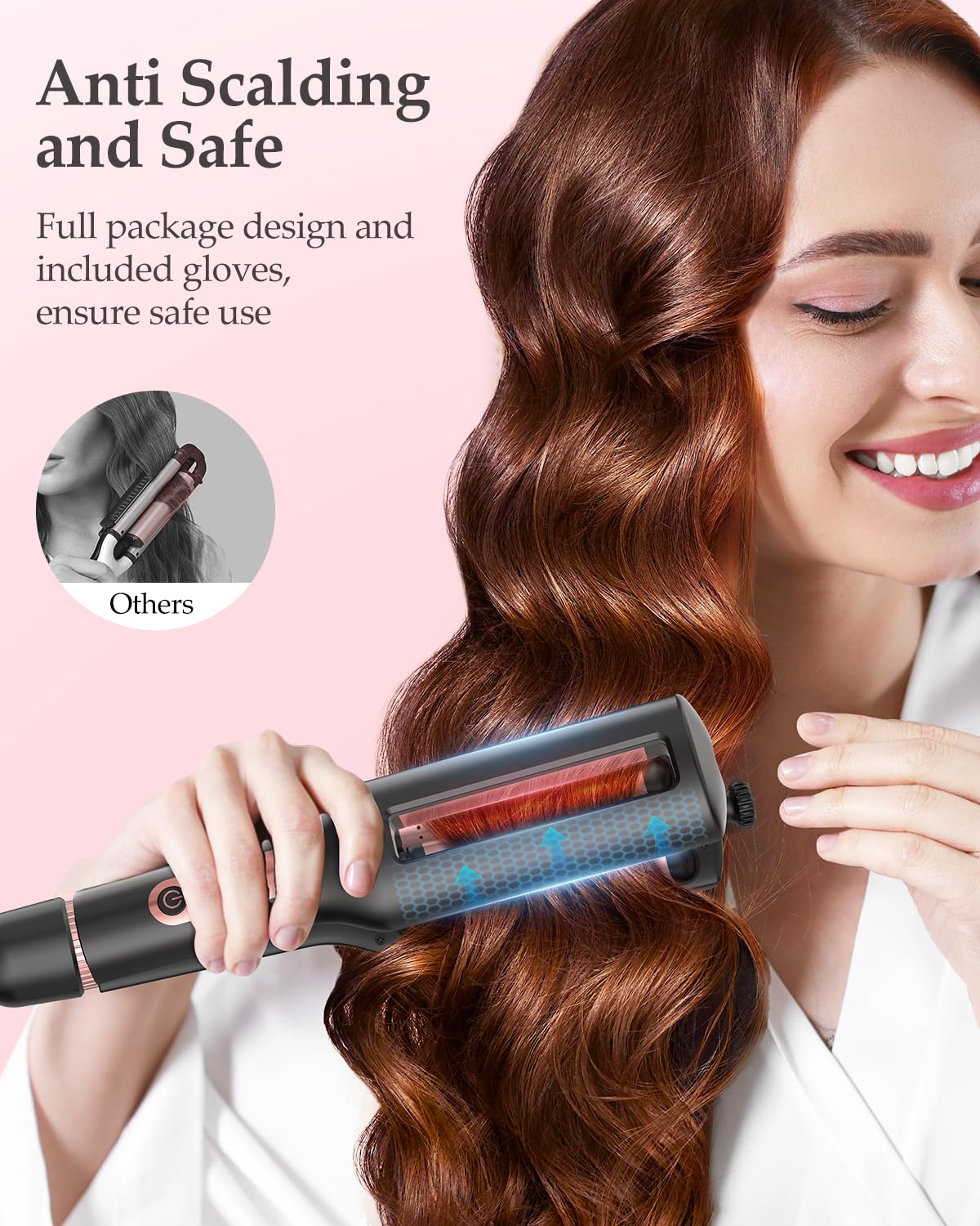Raglory 4 in 1 Adjustable Hair Crimper Waver，3-Barrel Curling Iron with 4 Heat Settings(280℉-410℉), Crimping Iron with Digital Display, 30S Fast Heat Up and Anti-Scald Design, Rose Gold — view 5