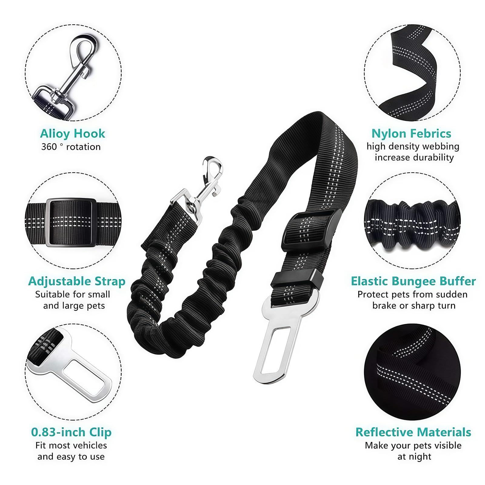 Pet Car Harness Seatbelt, Anti Shock Bungee Lead for Dog Car Safety, Prevents Jumping to Front Seat, Adjustable Vehicle Travel Accessories for Small Medium Large Dogs (1 Pack -Black Color) - image 6