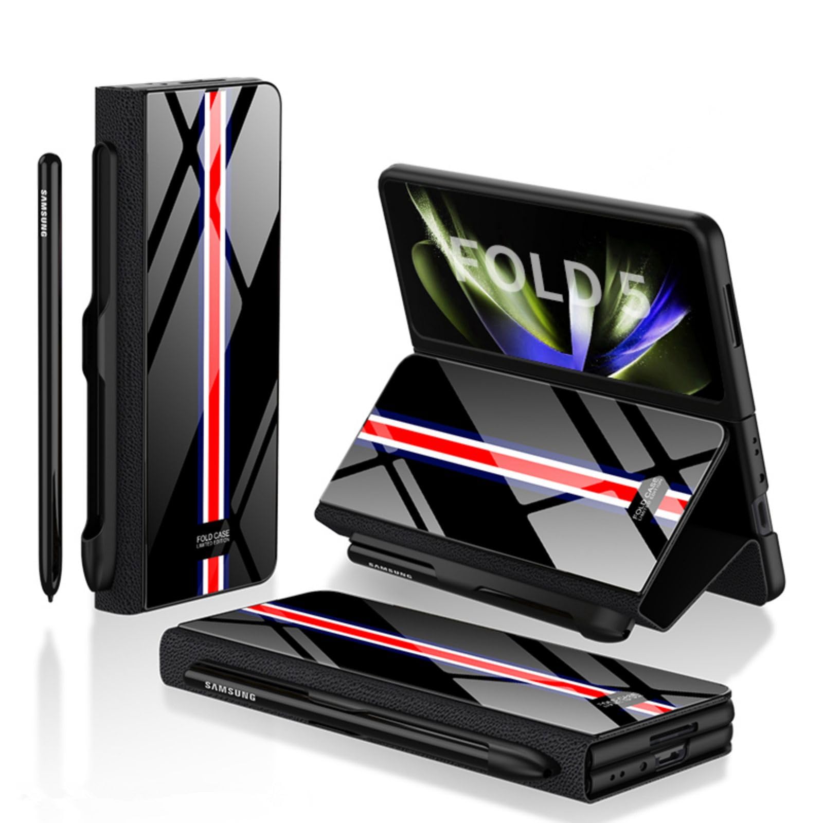 Custodia Etui do Z Fold5 etui z klapką + otwór na długopis, stojak, skóra folio, szklany blat, osłona przednia, etui na telefon komórkowy z klapką do Samsung Galaxy Z Fold5 (23)