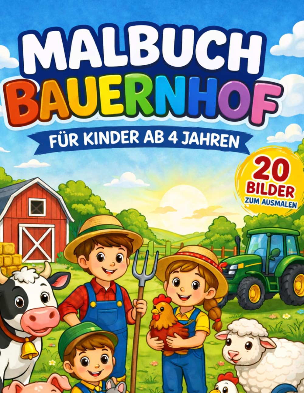 Bauernhof Malbuch für Kinder ab 4 Jahren: 20 einfache Ausmalbilder mit Tieren, Traktoren und Bauernhof-Szenen