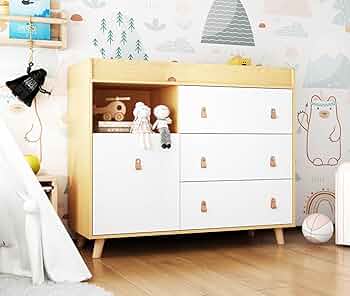 Amazon.com: PIAOMTIEE Changing Table Dresser, Baby Nursery Dresser with 3  Drawers and Shelf, Top Guardrail and Large Storage Cabinet, Hidden Trash  Storage, Baby Changing Dressers for Nursery Room, White + Natural : Baby