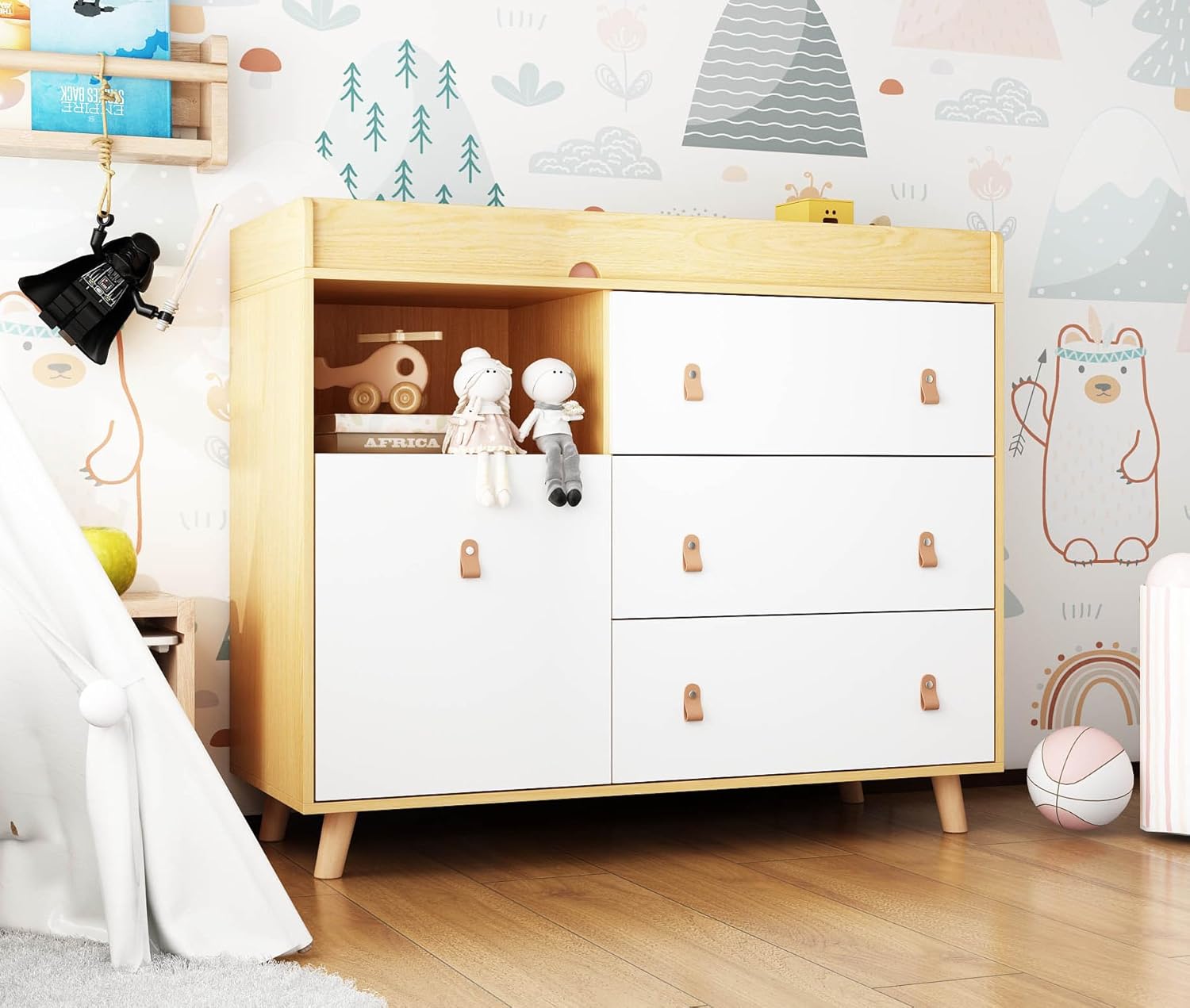 Changing Table Dresser, Baby Nursery Dresser with 3 Drawers and Shelf, Top Guardrail and Large Storage Cabinet, Hidden Trash Storage, Baby Changing Dressers for Nursery Room, White + Natural