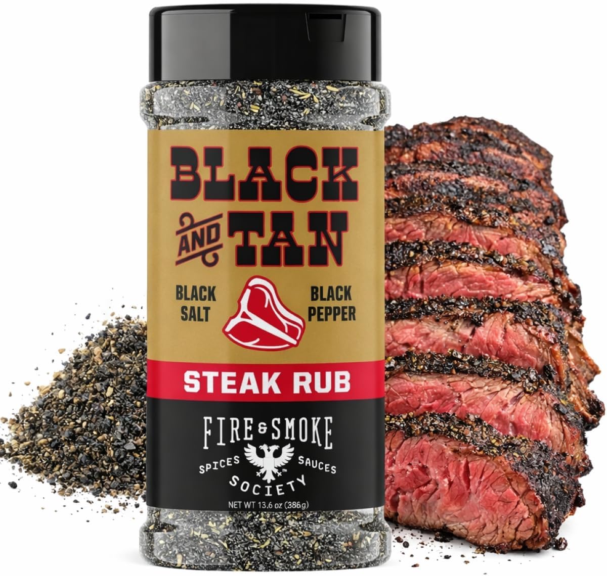 Fire & Smoke Society Black & Tan Steak Seasoning | BBQ Rubs, Steak Rub for Smoking and Grilling Meat | Steaks, Brisket, Burgers Dry BBQ Rubs and Spices | XL 13.6 oz