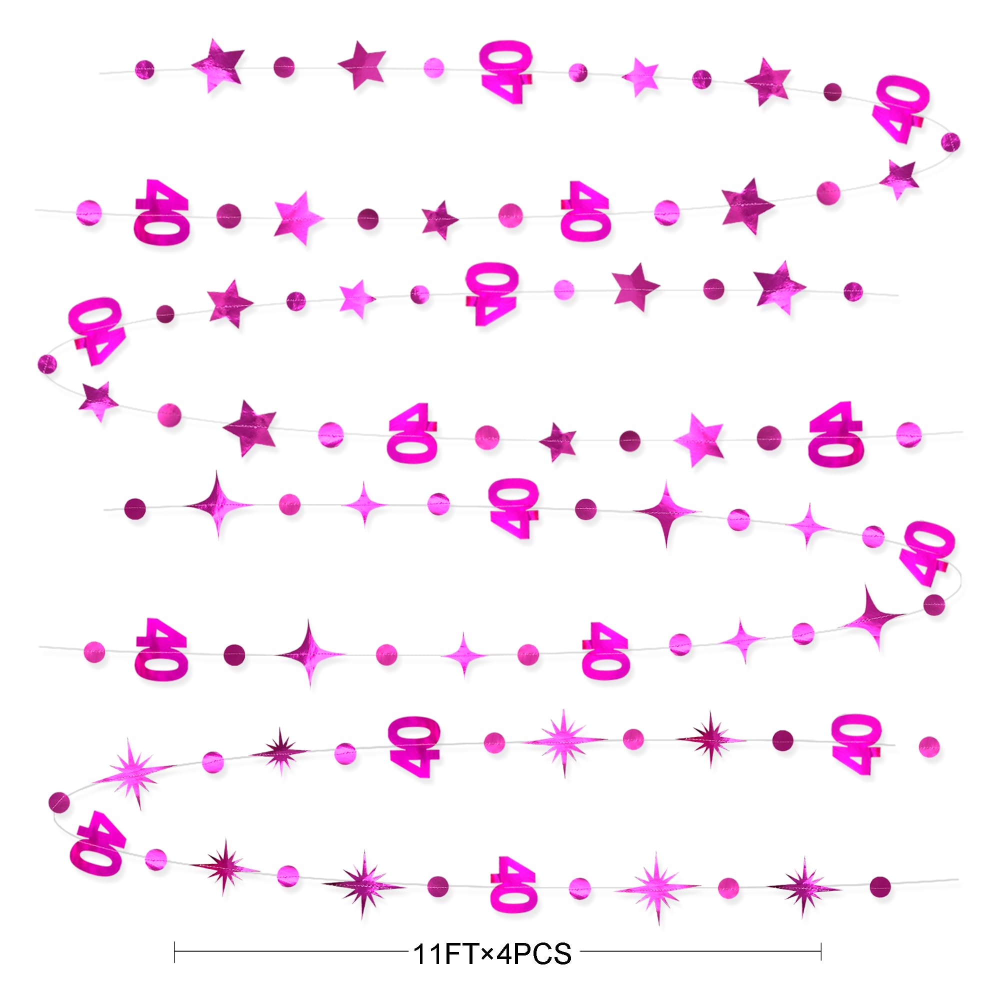 Dekoration zum 40. Geburtstag, Zahl 40, Kreis, Punkte, funkelnde Sterngirlande, metallisch, hängende Luftschlangen, Wimpelkette, Banner, Hintergrund für Frauen zum 40. Geburtstag, Partyzubehör