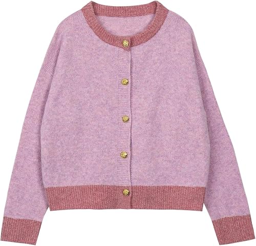 RoseSeek Women's Button Down Cardigan Long Sleeve Crewneck Knitwear Contrast Tri