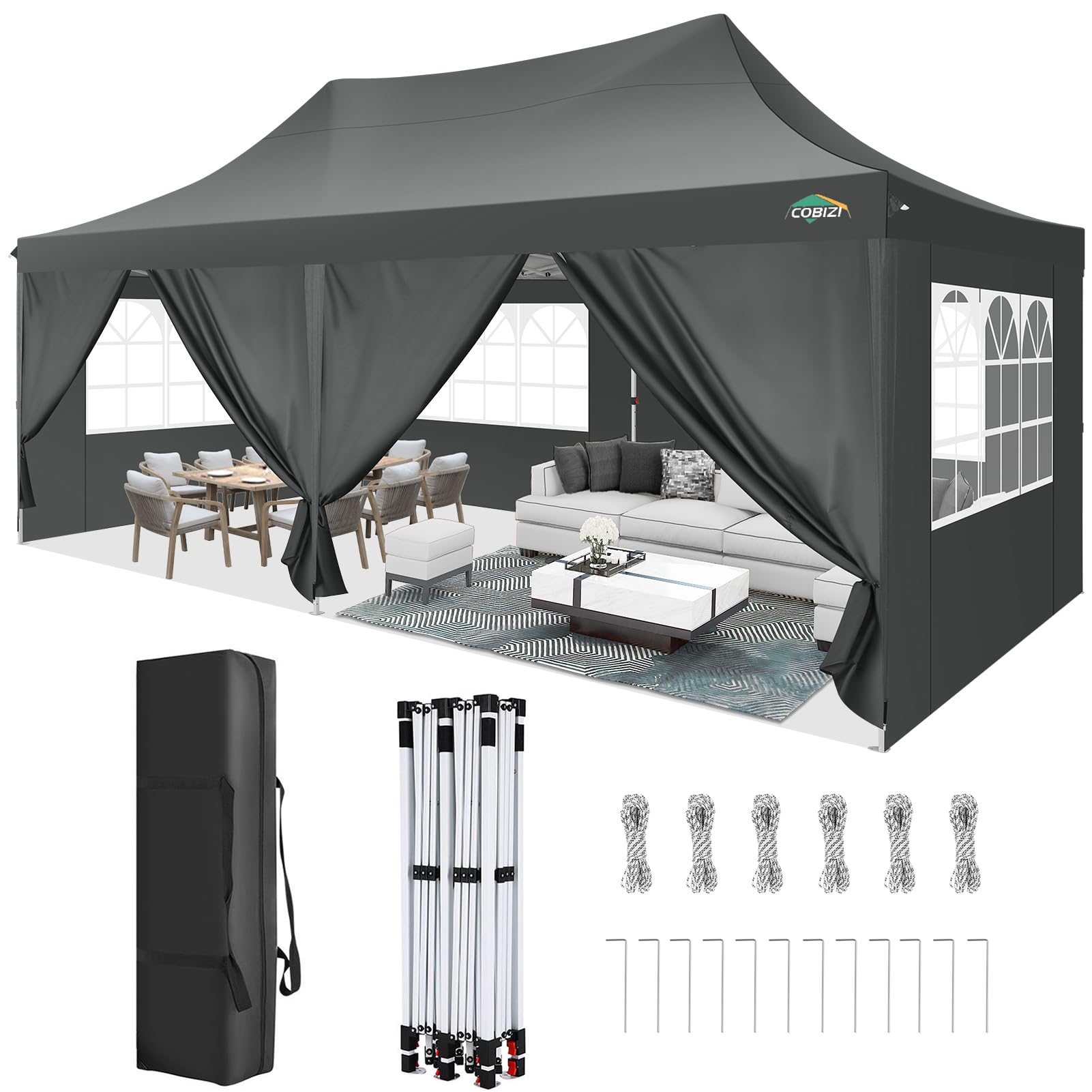 COBIZI Tonnelle Pliante 3x6m Tonnelle de Jardin Imperméable Barnum Pliant avec 6 Parois Latérales UV Protection 50+ Tonnelle de Jardin pour Plage,Mariage,Camping, Gris