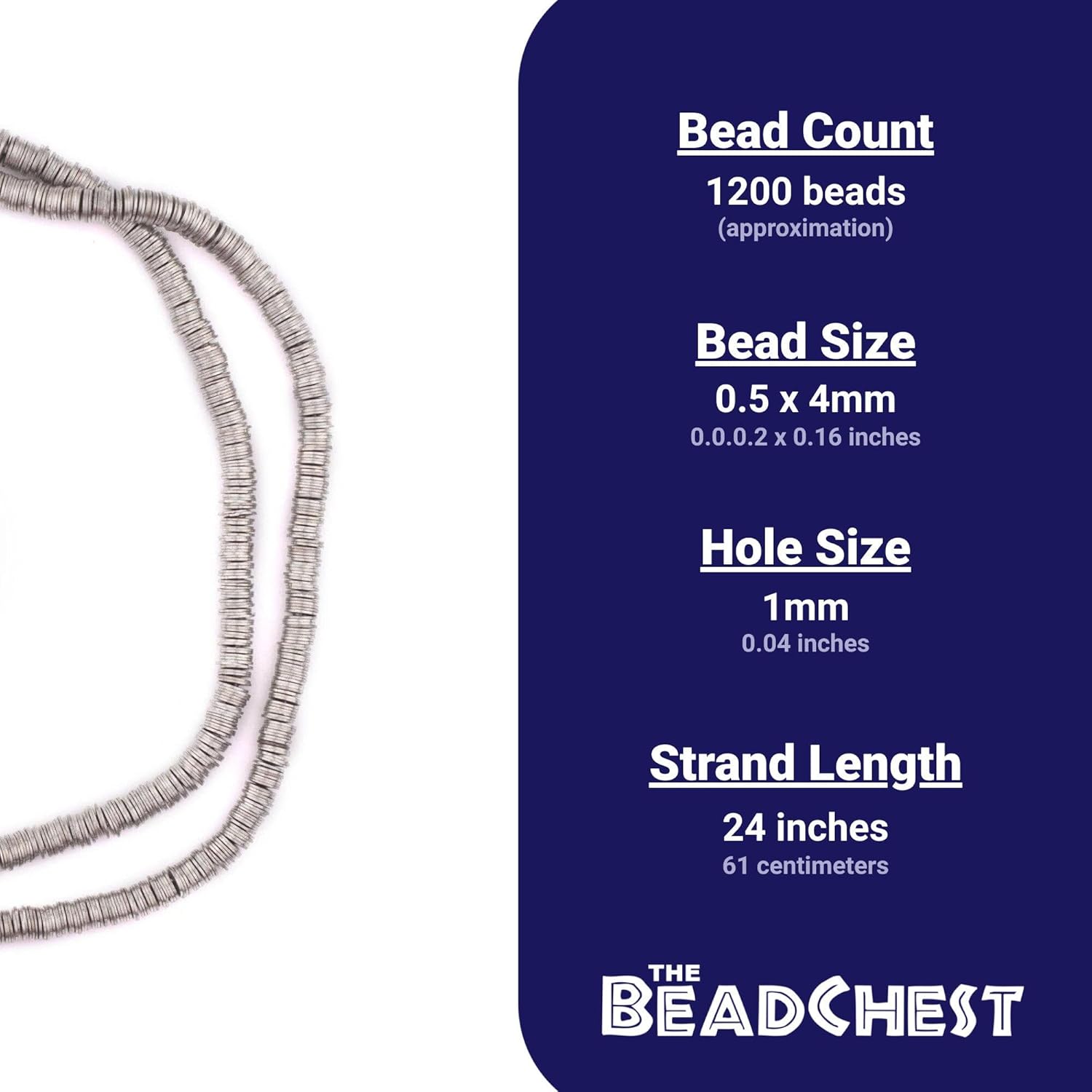 The Bead Chest Antique Silver Flat Disk Heishi Beads (4mm), 24" Strand, Handmade for Jewelry Making & Crafts | Approximately 1200 Beads