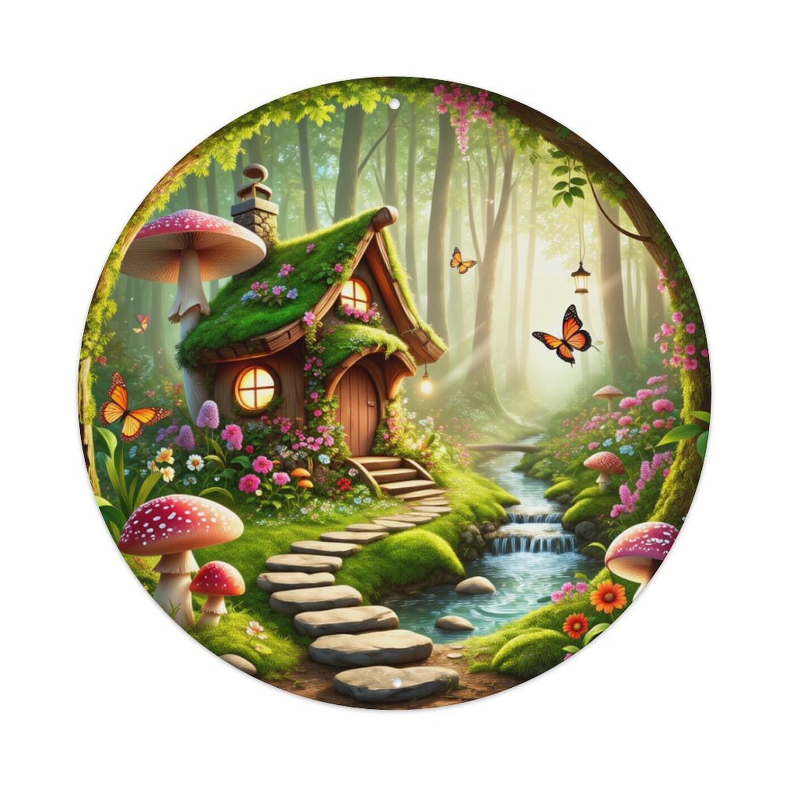 Enchanted Forest Cottage Scene Round Tin Sign Retro Metal Sign for Cafe Bar Pub Home Game Room Gym Club Wall Decoration Vintage Metal Poster 8x8 Inch
