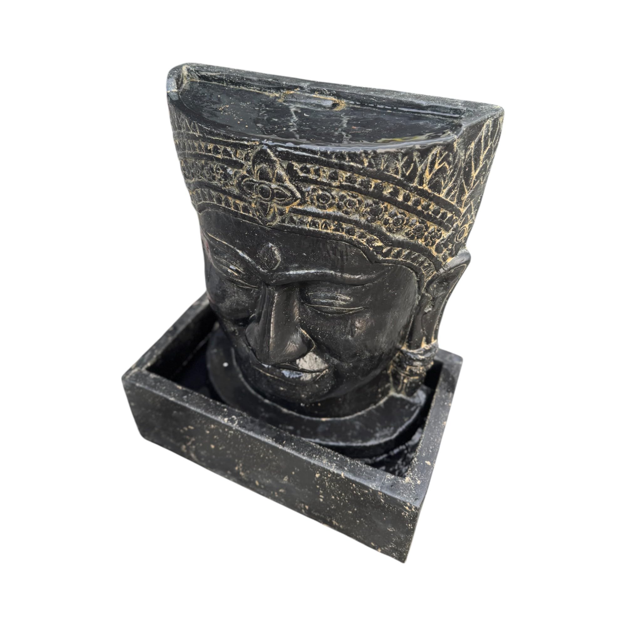 Khmer Kopf Springbrunnen - Buddha Wasserfall Steinguss Wasserspiel (HxBxT: 57x48,5x28cm) - Entspannende Gartendekoration im Asiatischen Stil